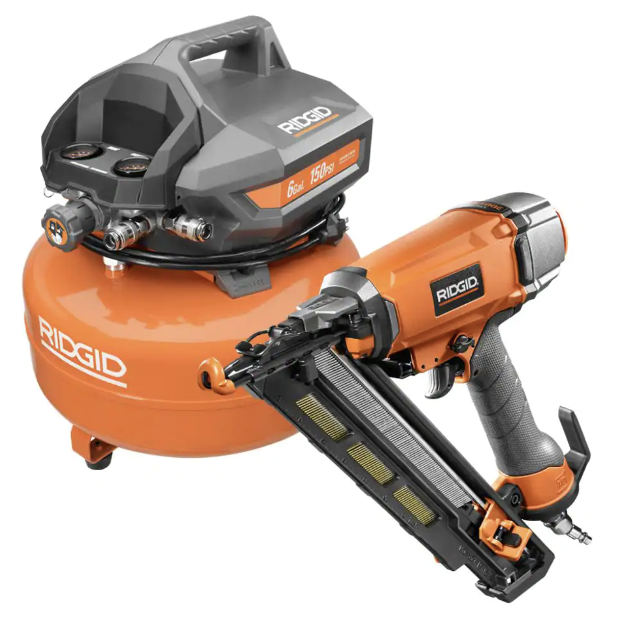 Ridgid 6 Gal. Electric Pancake Air Compressor With 15-Gauge 2-1/2 in. Angled Finish Nailer