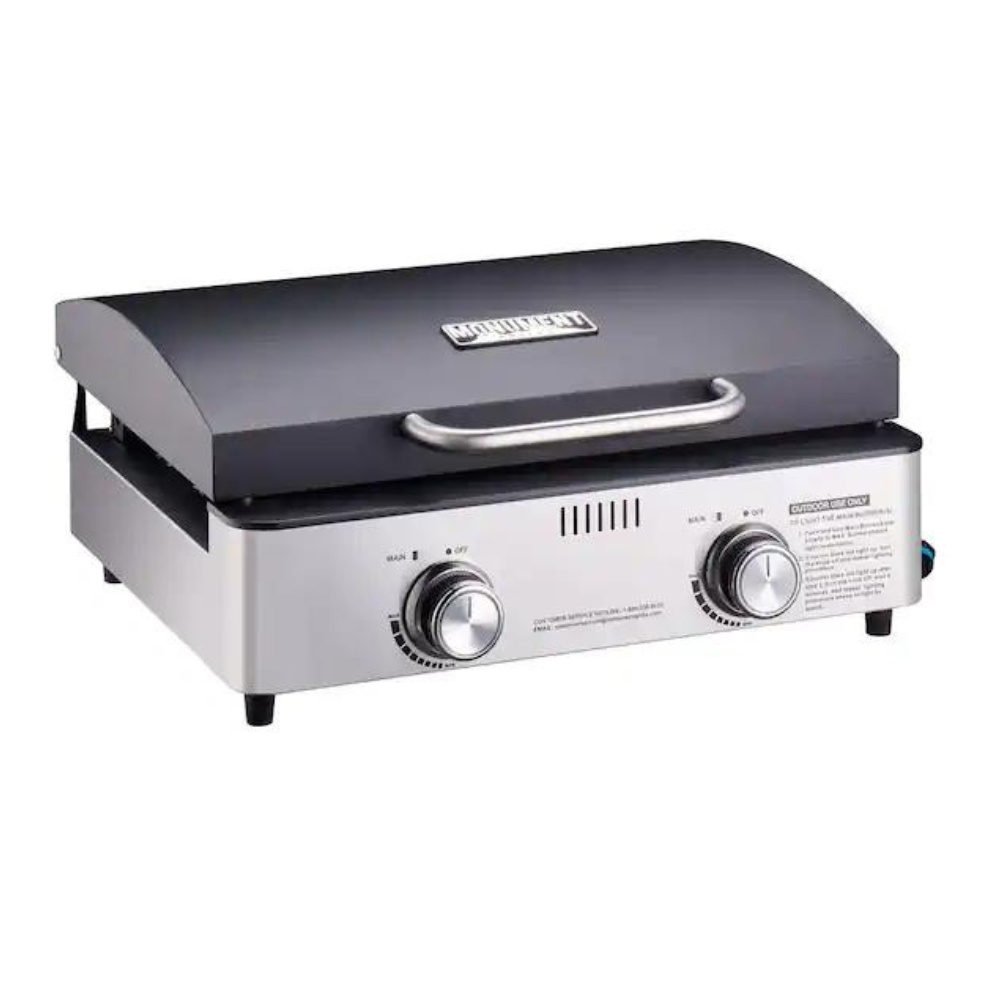 Monument Grills 2-Burner Portable Table Top Propane Gas Griddle In Stainless Steel With Locking Lid