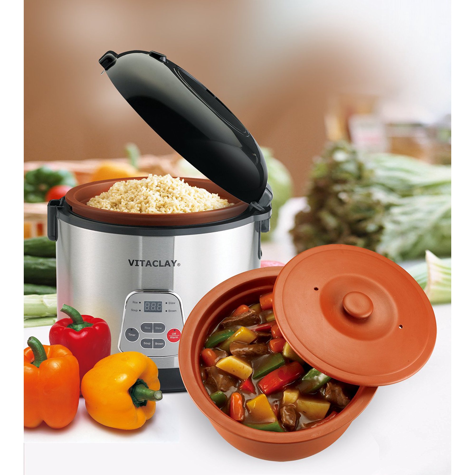 Vitaclay 8 Cup/4 qt. 2-in-1 Stainless Steel Rice N- Slow Cooker in Clay Pot