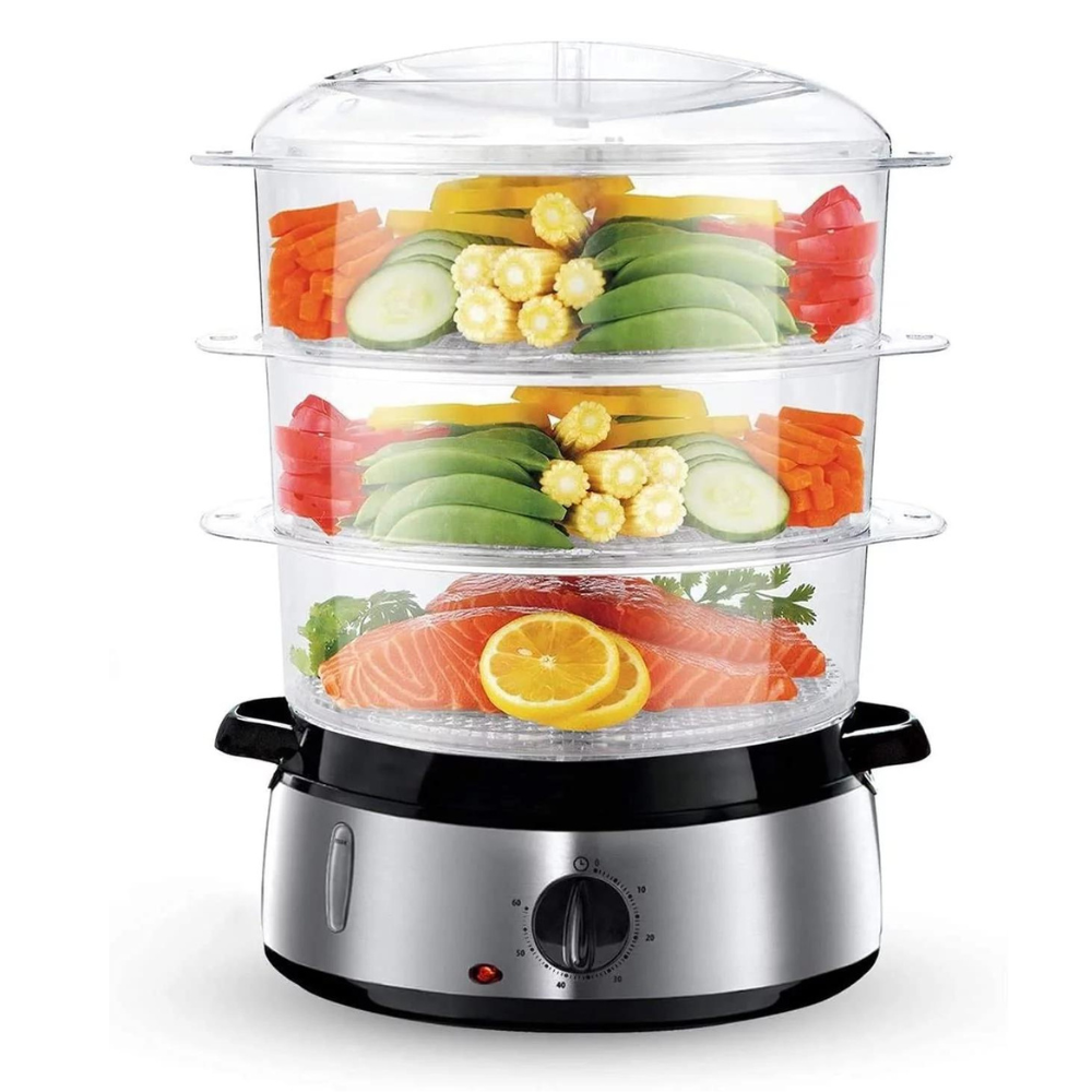 Aicok 3-Tier 9.5 Qt Electric Cooking Steamer. 800W Fast Cooking. White