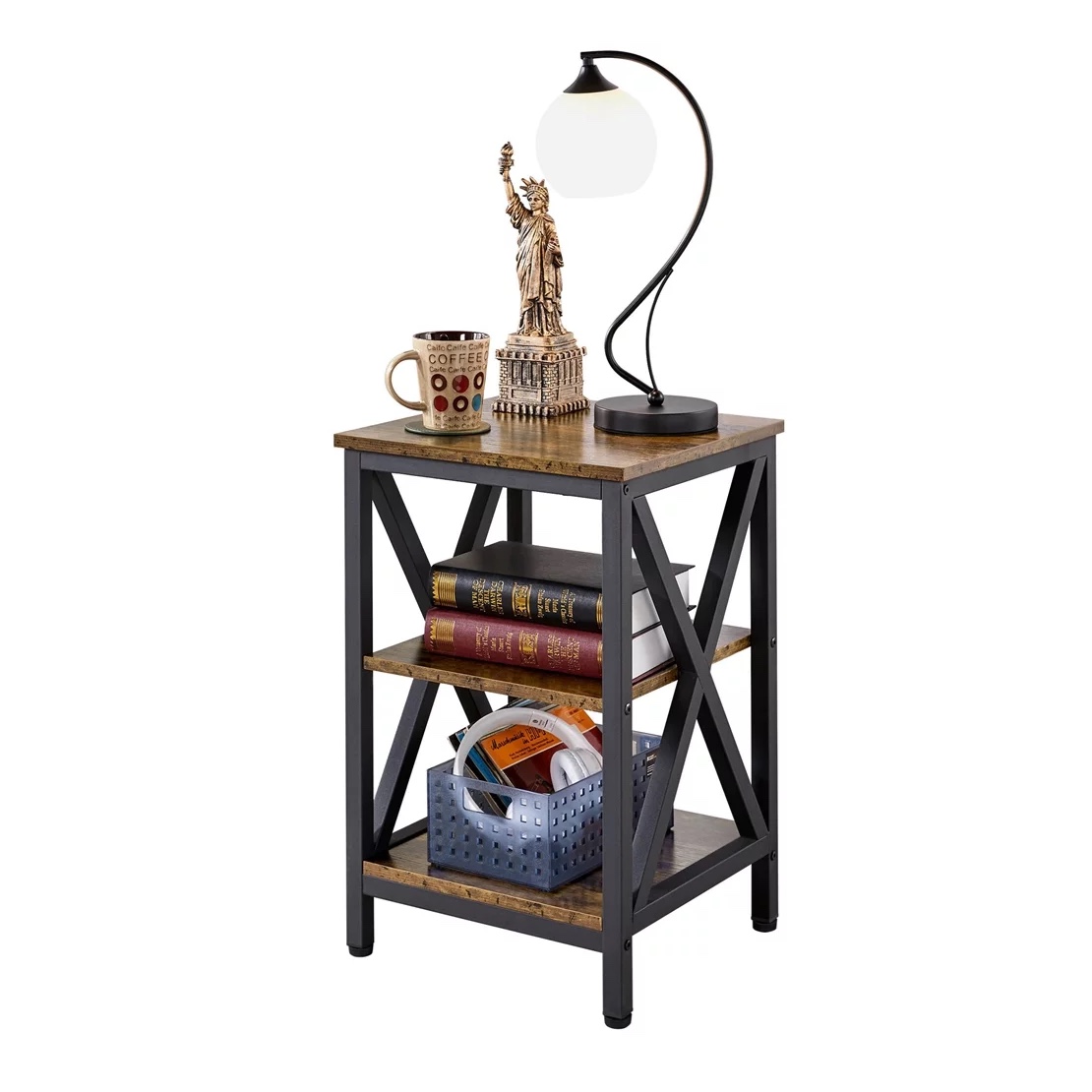 River Street Designs Industrial 3-Tier Wood and Metal End Table. Rustic Brown