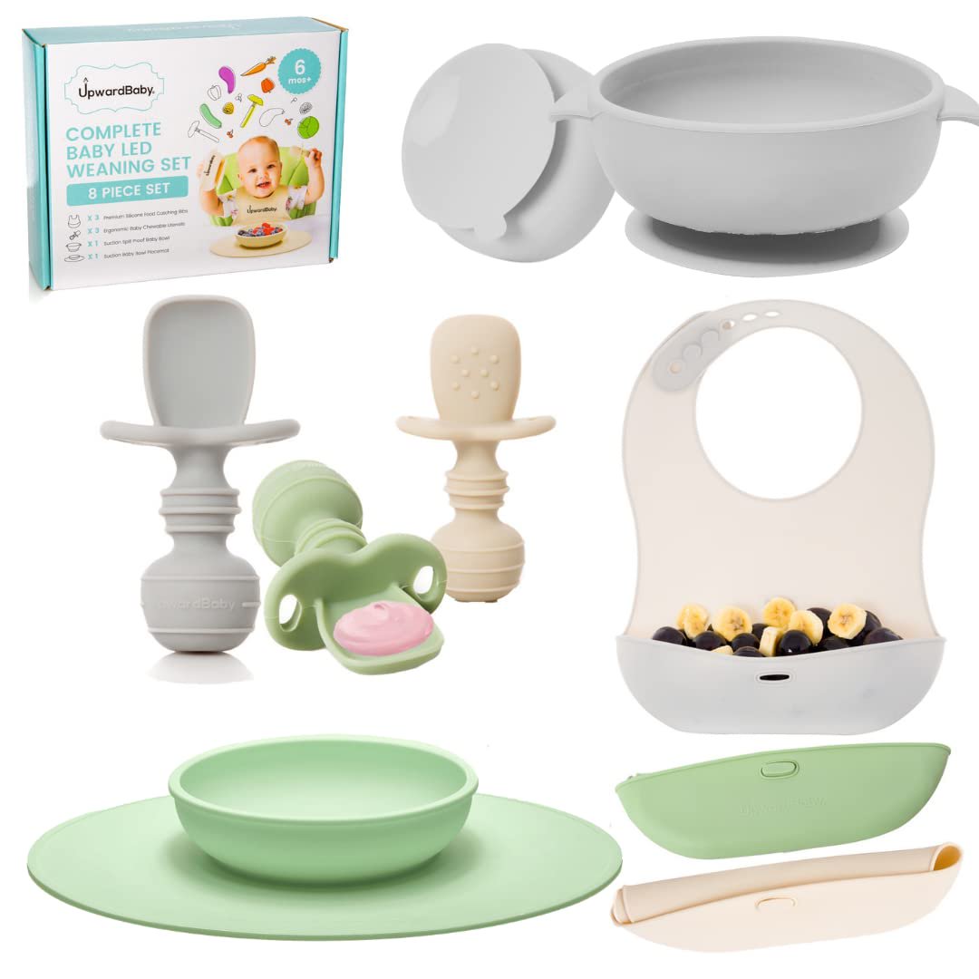 UpwardBaby Led Weaning Supplies - Suction Bowls & Plates - Green. Grey. Beige