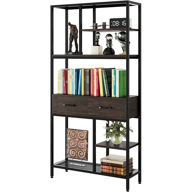 Homfa 5-Tier Iron Bookcase With 2 Drawers. Industrial Tall Bookshelf With 7 Open Storage Shelves. Dark Brown