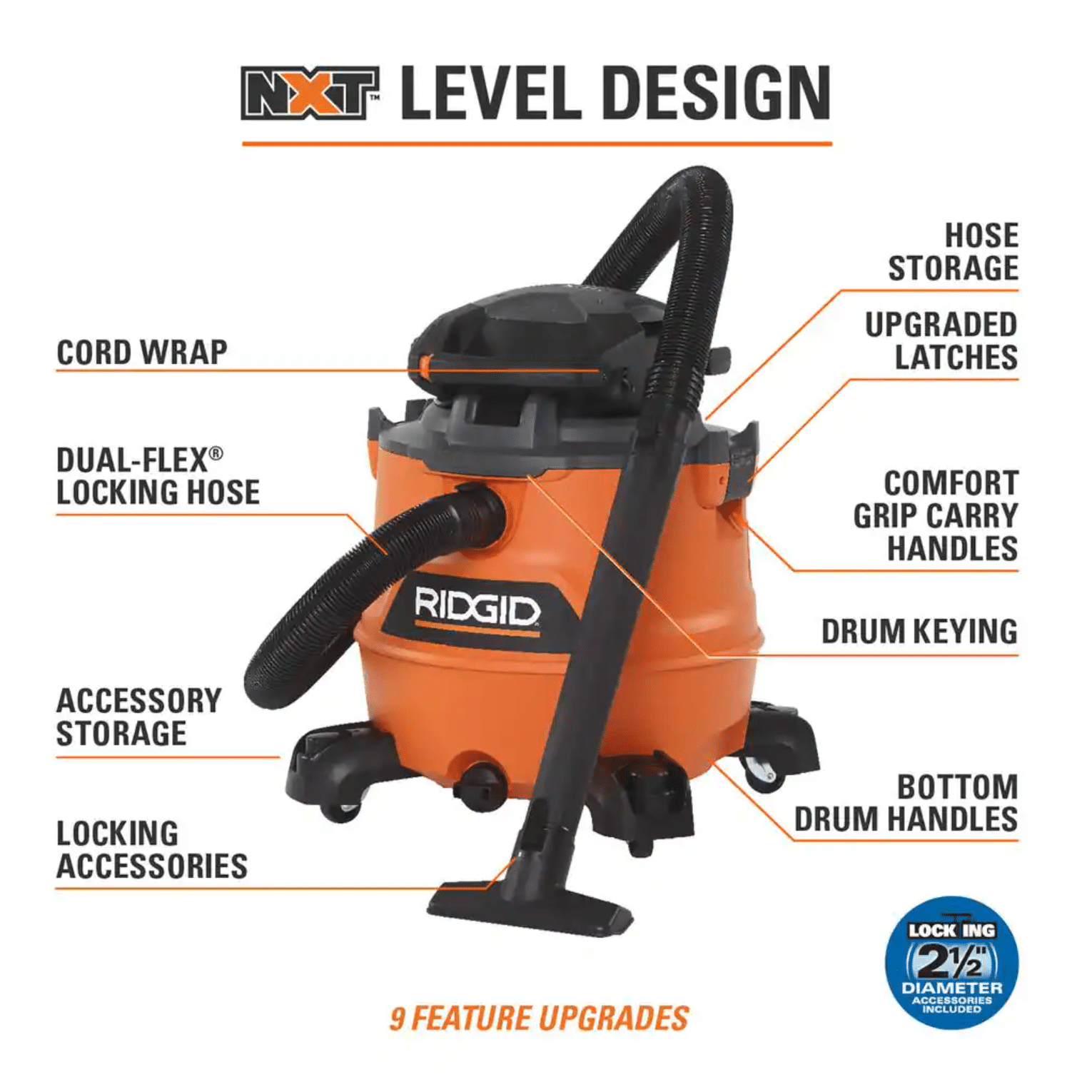 Ridgid HD1600C 16-Gal. 6.5-Peak HP NXT Wet/Dry Shop Vacuum with Detachable Blower. Filter. Hose. Accessories & Car Cleaning Kit