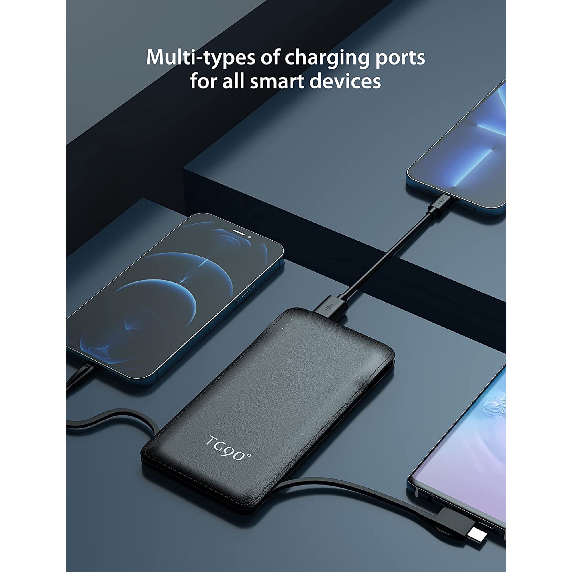 Misen 10000mAh USB C Portable Charger with Built in Cable. Black