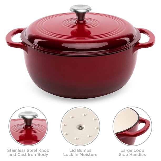 Best Choice Products 6qt Non-Stick Enamel Cast-Iron Dutch Oven For Baking. Braising. Roasting. Red