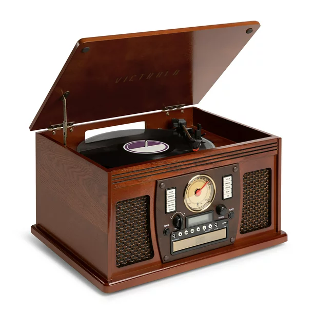 Victrola Wood 8-in-1 Nostalgic Bluetooth Record Player with USB Encoding and 3-Speed Turntable - Mahogany Wood