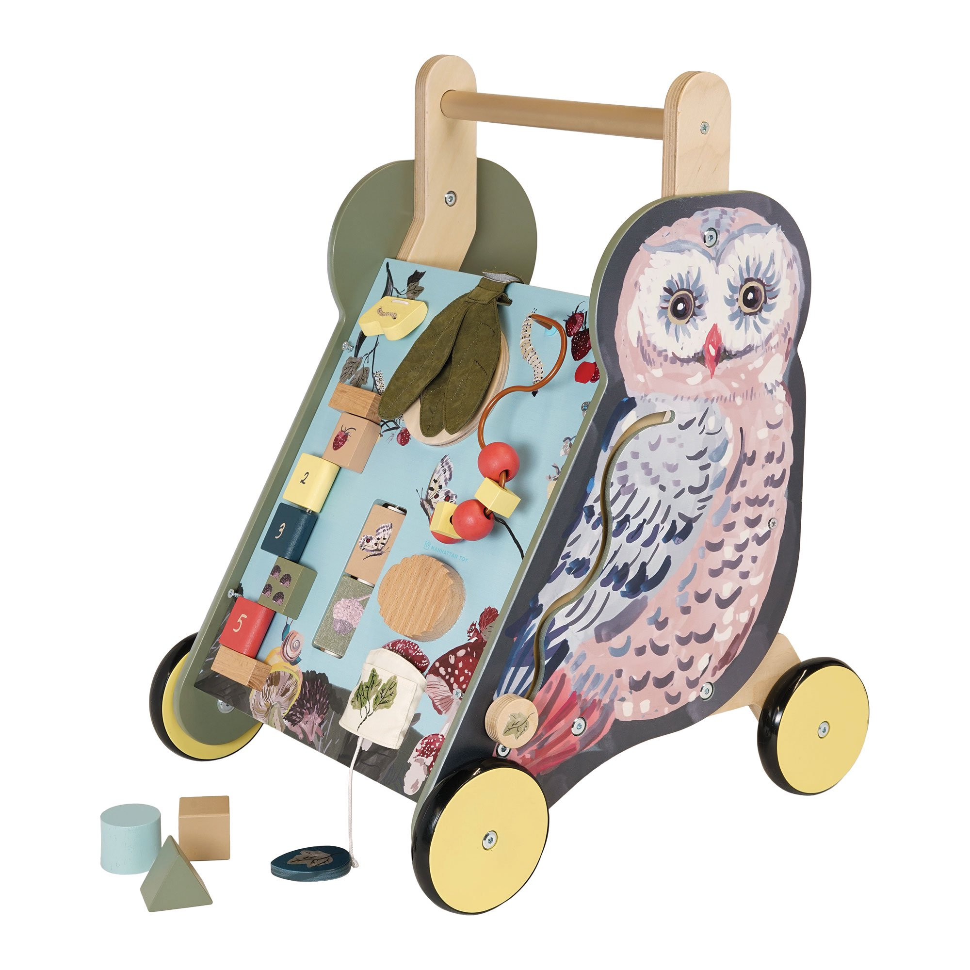 Manhattan Toy Wildwoods Owl Wooden Push Cart with Shape Sorter and Basket. Serrated Oval. Spinners. Bead Run and More