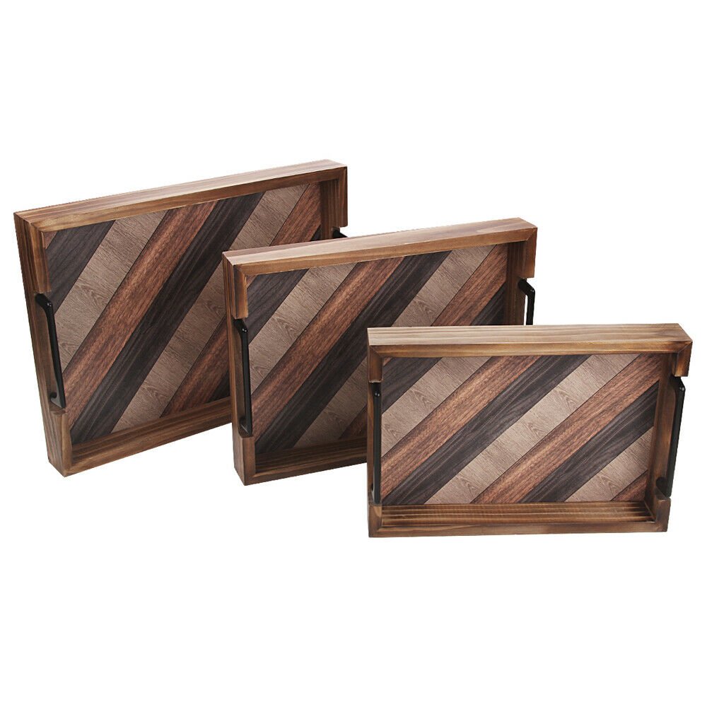 Butizone Wood Serving Tray with Handles. Rustic Decorative. Set of 3