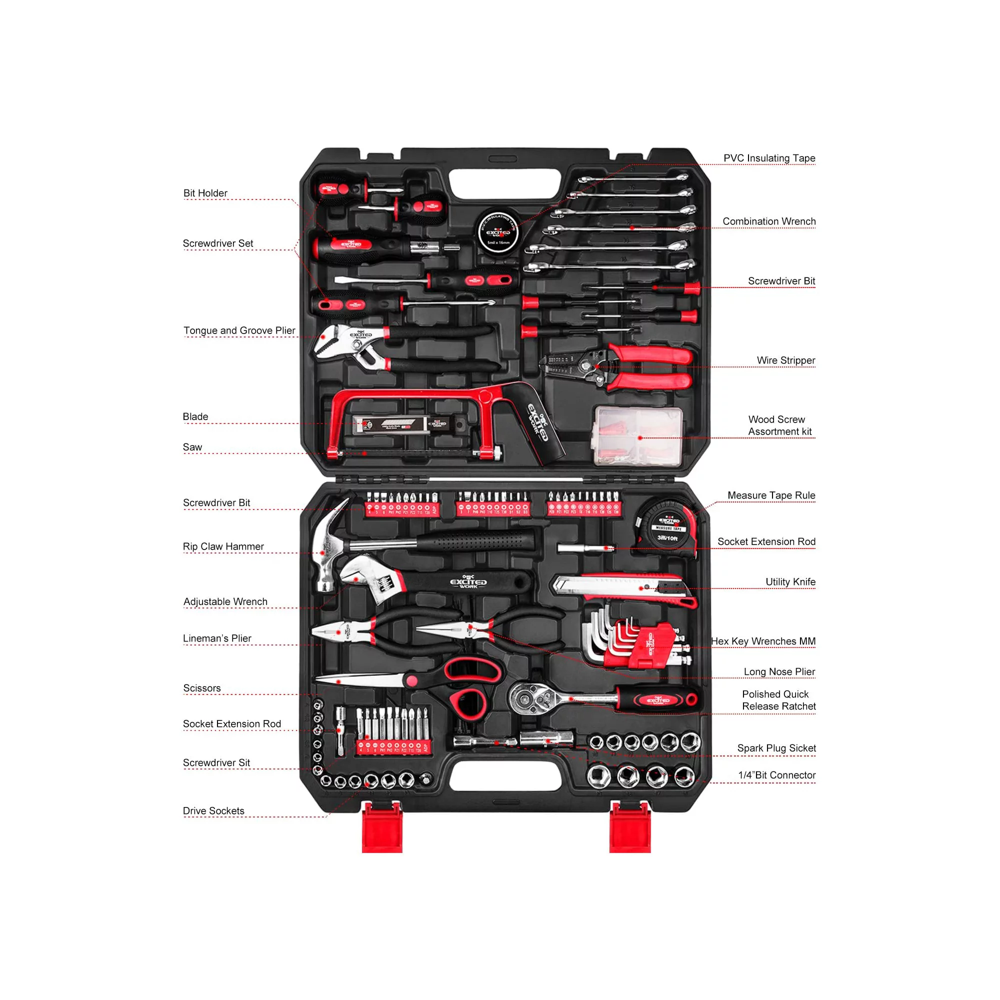 Excited Work 198 Pcs Hand Tool Set. Mechanic Tools Kit With Plastic Storage Case Wrench Screwdriver