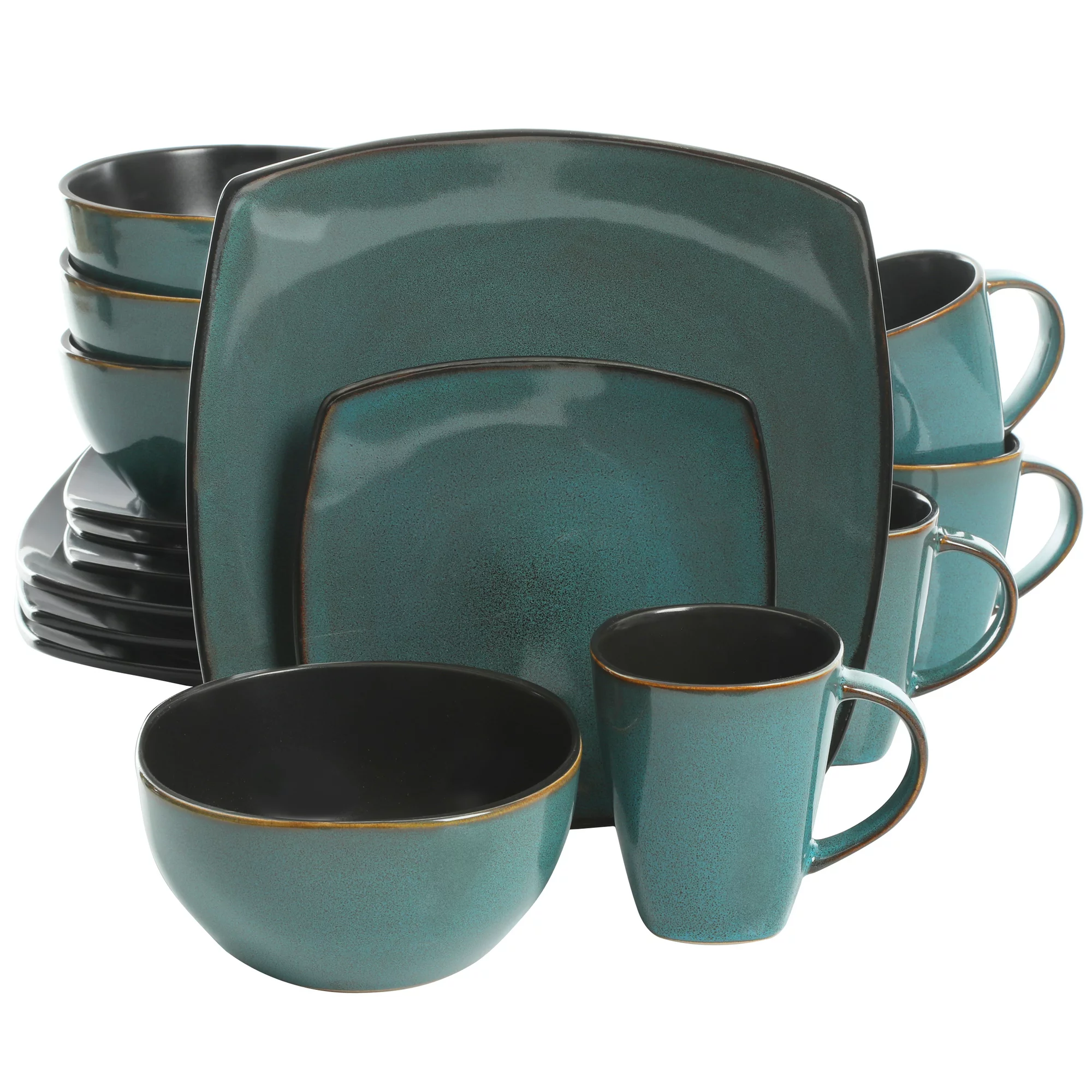 Gibson Home Soho Lounge Square Stoneware 16 Piece Dinnerware Set. Teal