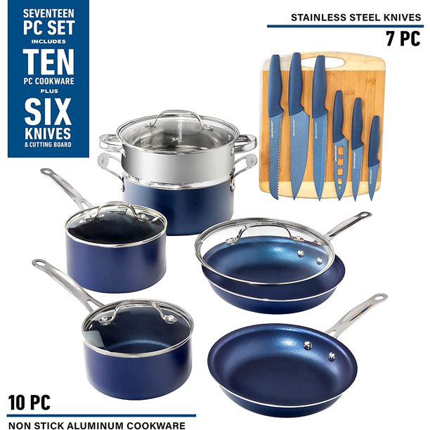 Granitestone Blue 17 Nonstick Pots & Pans Set. Cookware Set + Knife Set. Blue