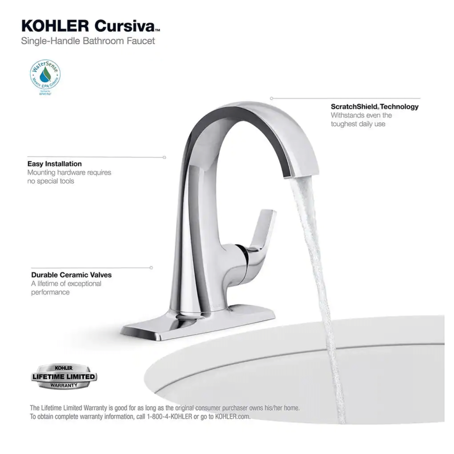Kohler Cursiva Single Hole Single-Handle Bathroom Faucet in Polished Chrome