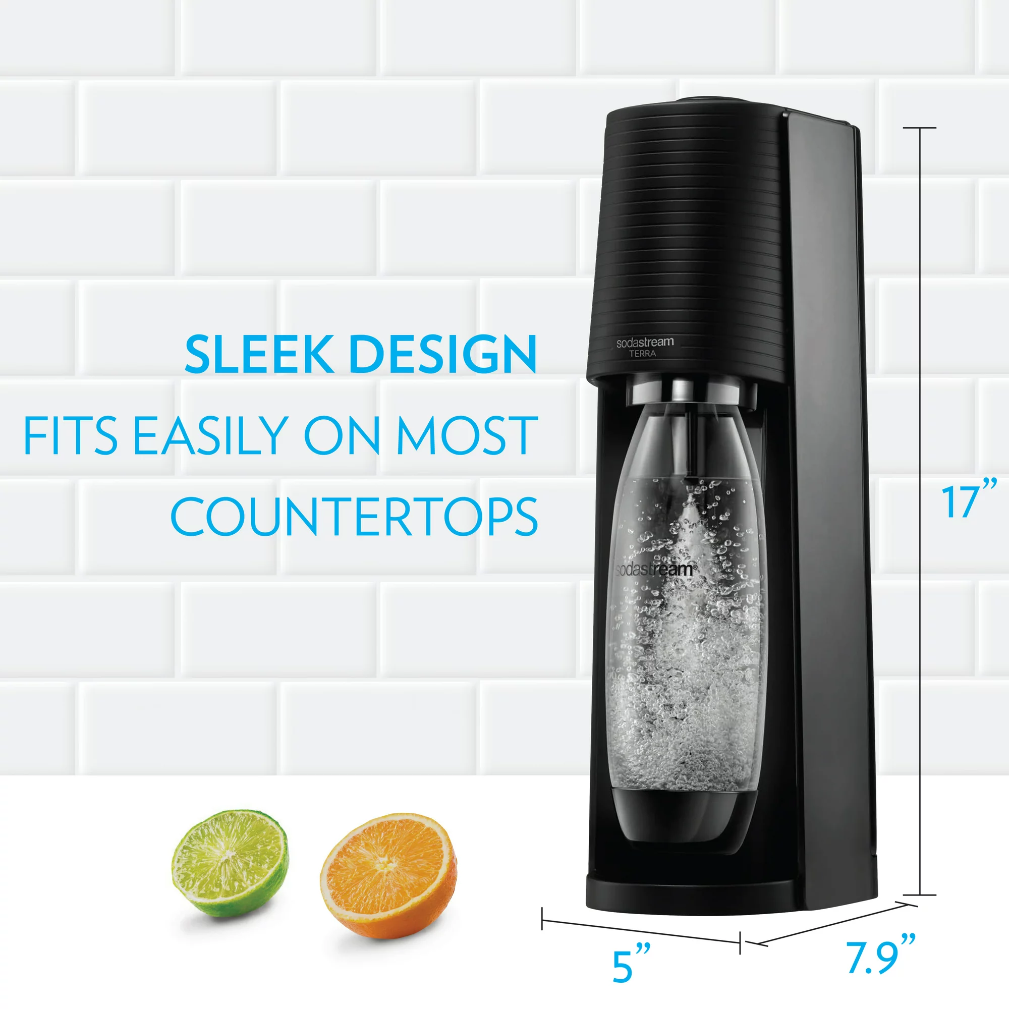 SodaStream Terra Sparkling Water Maker Bundle with CO2. 2 Bottles and 2 Bubly Drops Flavoring. Black