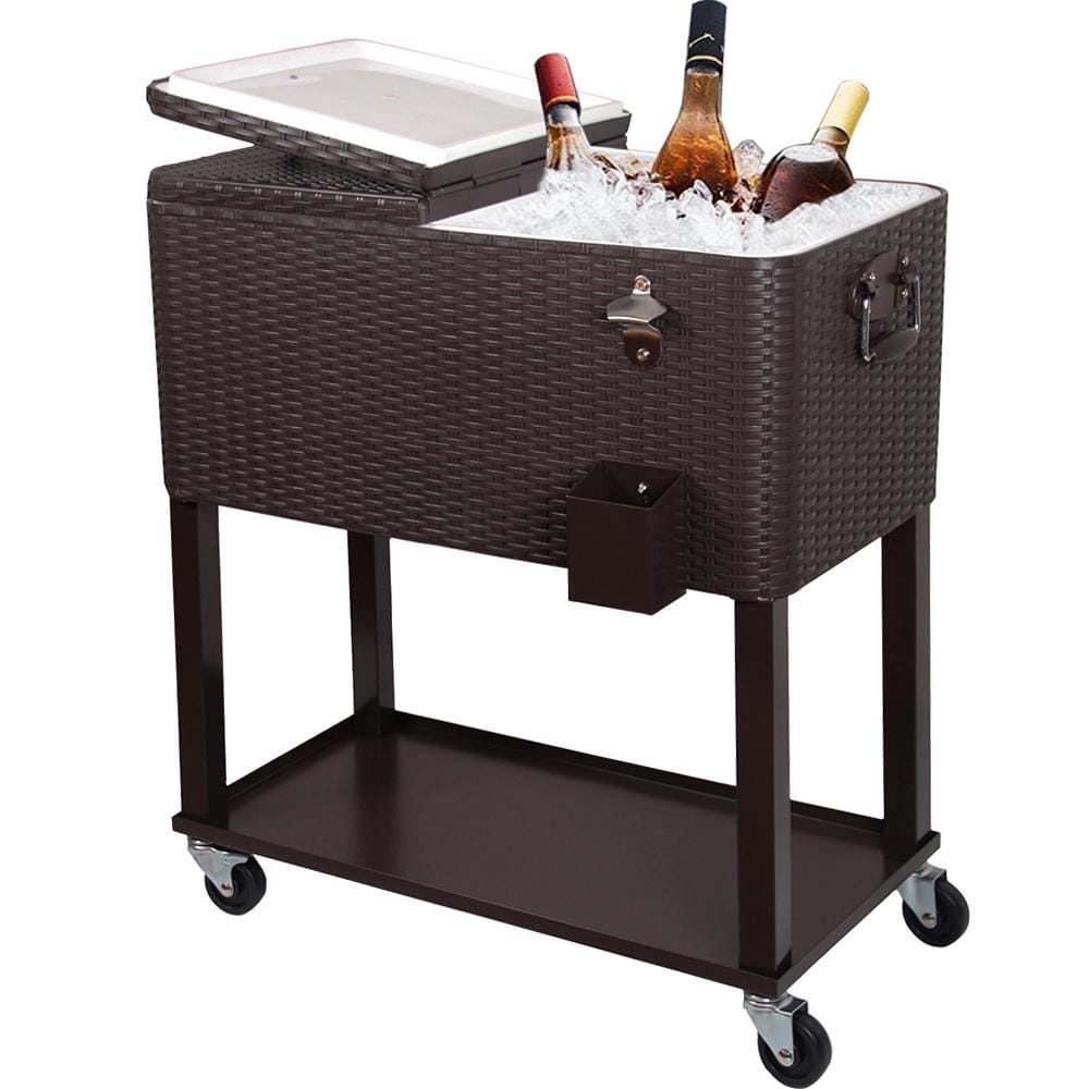 Patio Watcher 80 Qt. Wicker Stainless Steel Wicker Patio Cooler Cart With Wheels In Brown