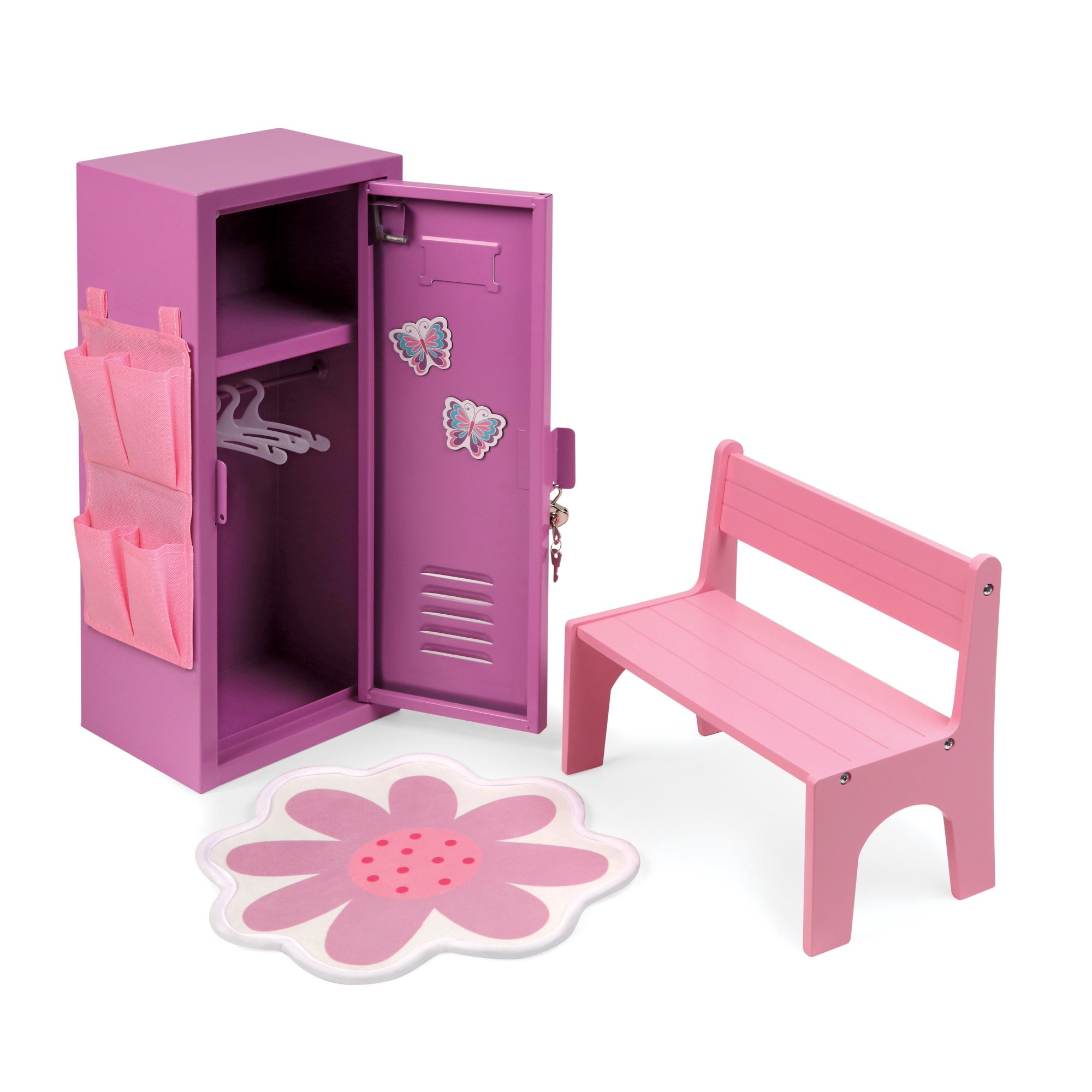 Badger Basket School Style Single Doll Locker Set With Bench. Rug And Accessories - Purple/Pink