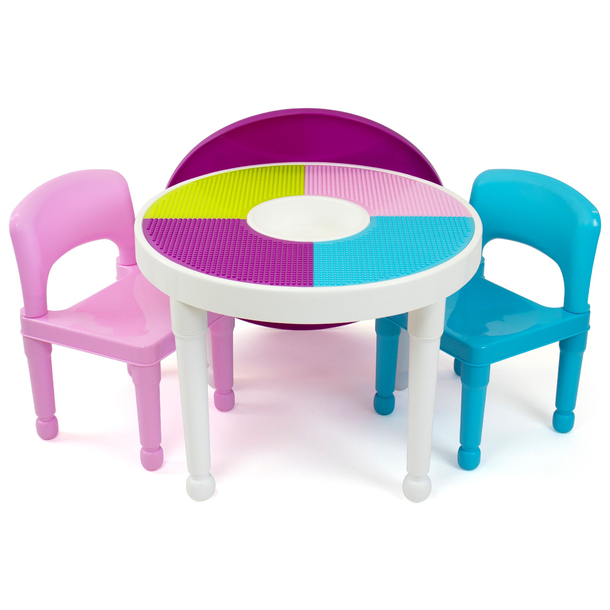 Humble Crew Kids 2-in-1 Plastic Activity Table and 2 Chairs Set. Round. White. Blue & Pink