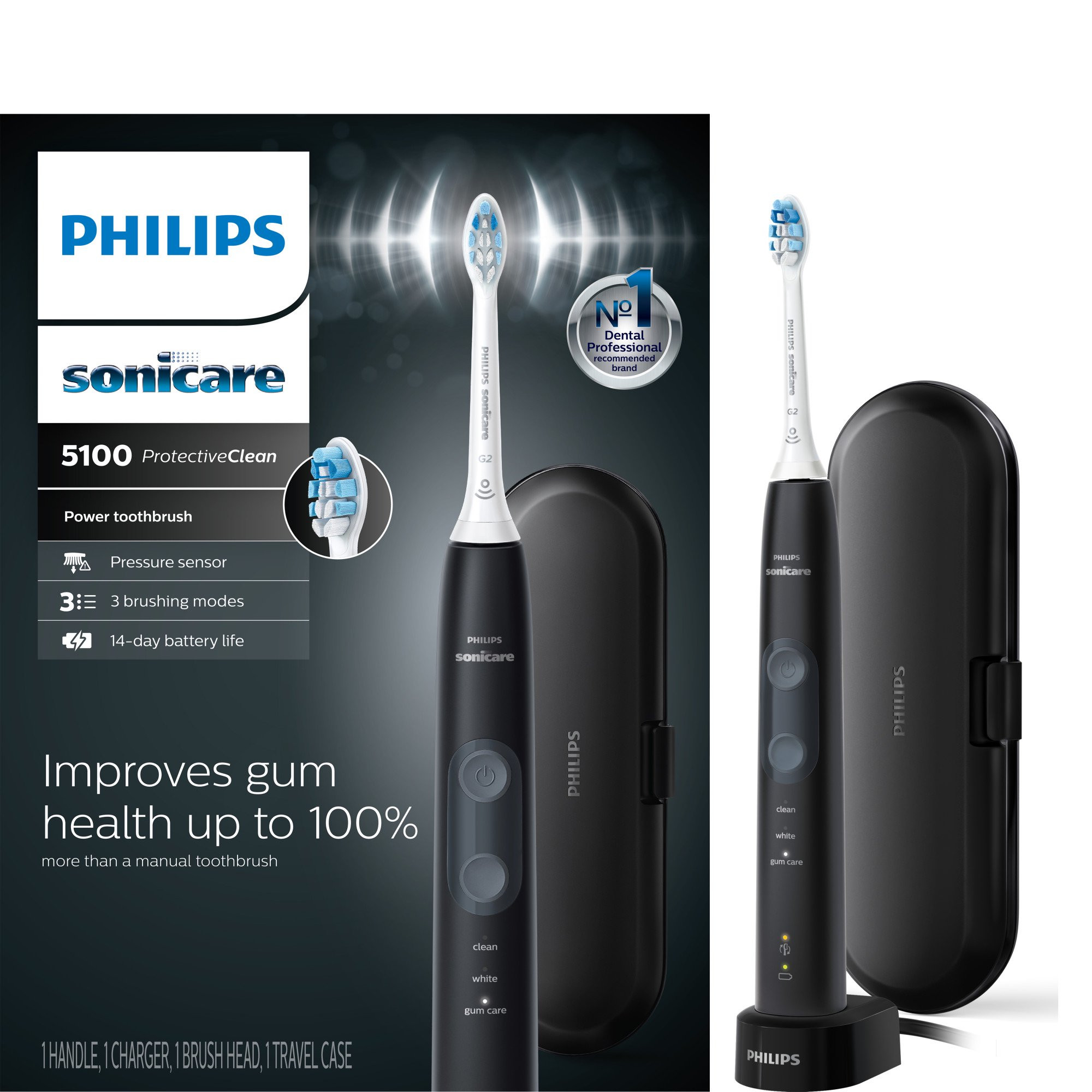 Philips Sonicare ProtectiveClean 5100 HX6850/60 Gum Health. Rechargeable Electric Toothbrush with Pressure Sensor. Black