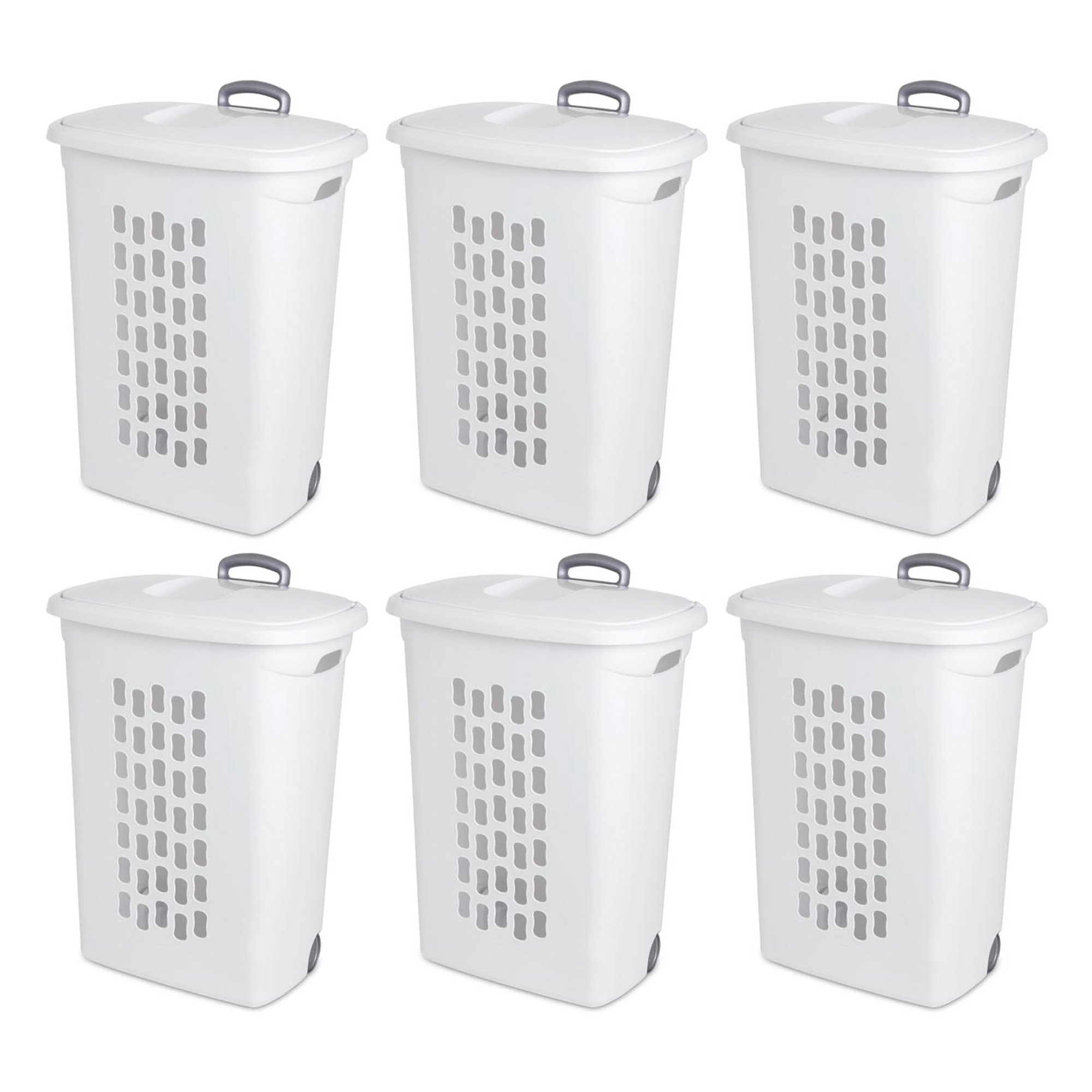 Sterilite White Laundry Hamper With Lift-Top. Wheels. and Pull Handle (6 Pack)