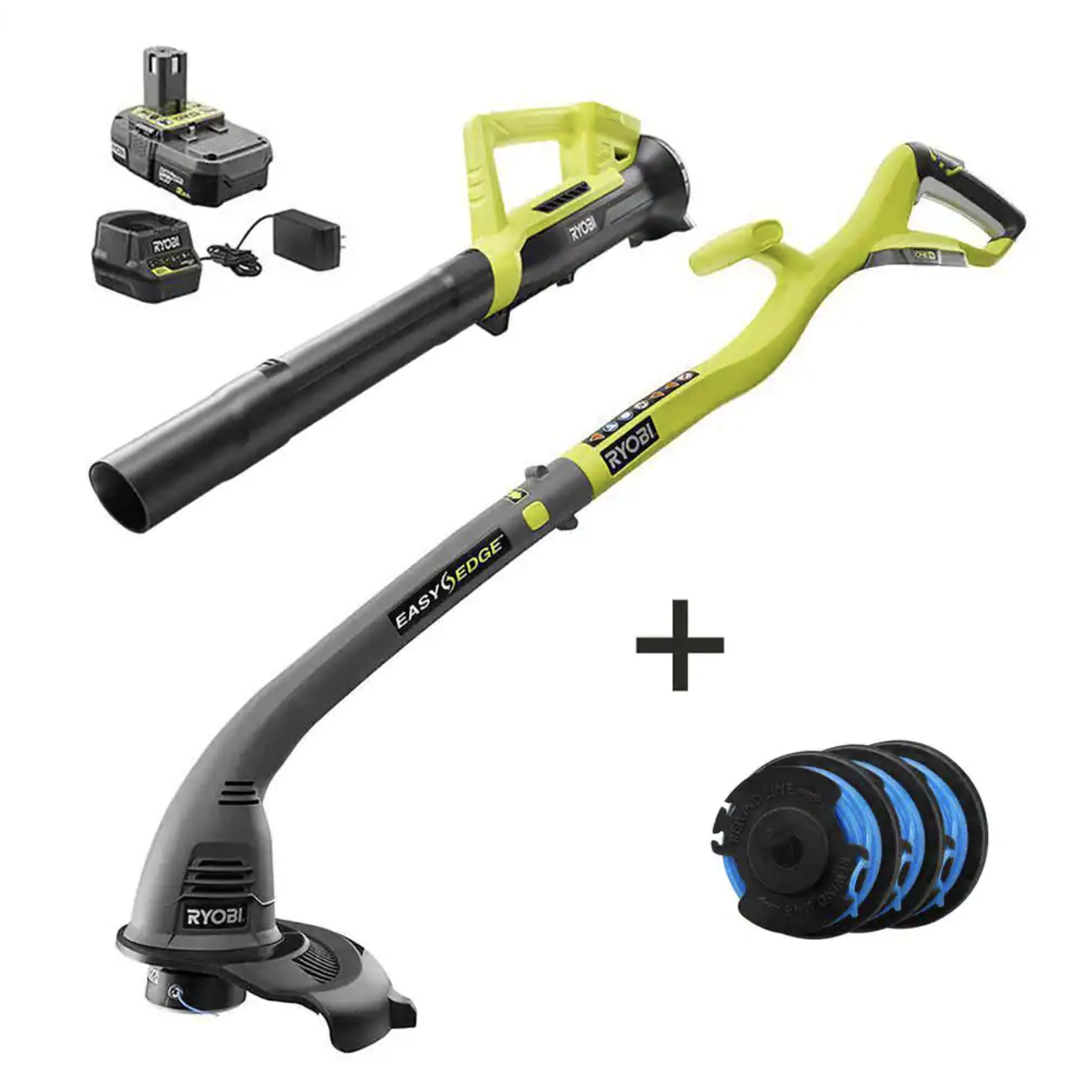 Ryobi ONE+ 18V Cordless String Trimmer/Edger & Blower/Sweeper with Extra 3-Pack of Spools. 2.0 Ah Battery and Charger (P2036-AC)