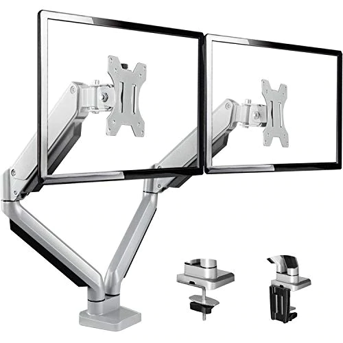 Perlegear Adjustable Dual Monitor Arm Mount Desk Stand Fits Two 13-27 inches Flat Curved Computer Screens. Silver