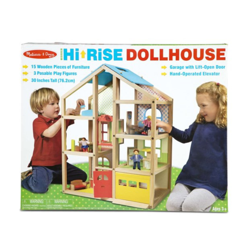Melissa & Doug Wooden Hi-Rise Dollhouse With 15 Furniture Pieces. Garage. Working Elevator