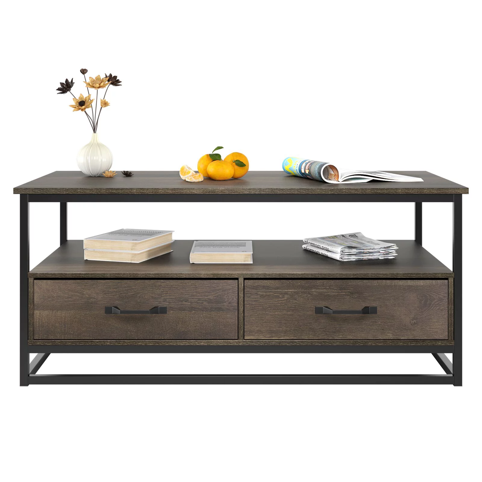 Homfa 43″ Wooden Coffee Table with Storage Shelf and 2 Drawers. Rustic Center Table for Home Office. Dark Brown