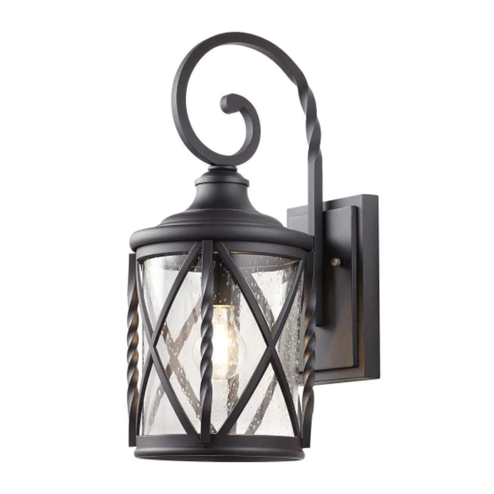 Home Decorators Collection Walcott Manor 8 in. One-Light Gilded Iron Industrial Outdoor Wall Lantern Sconce with Clear Seeded Glass