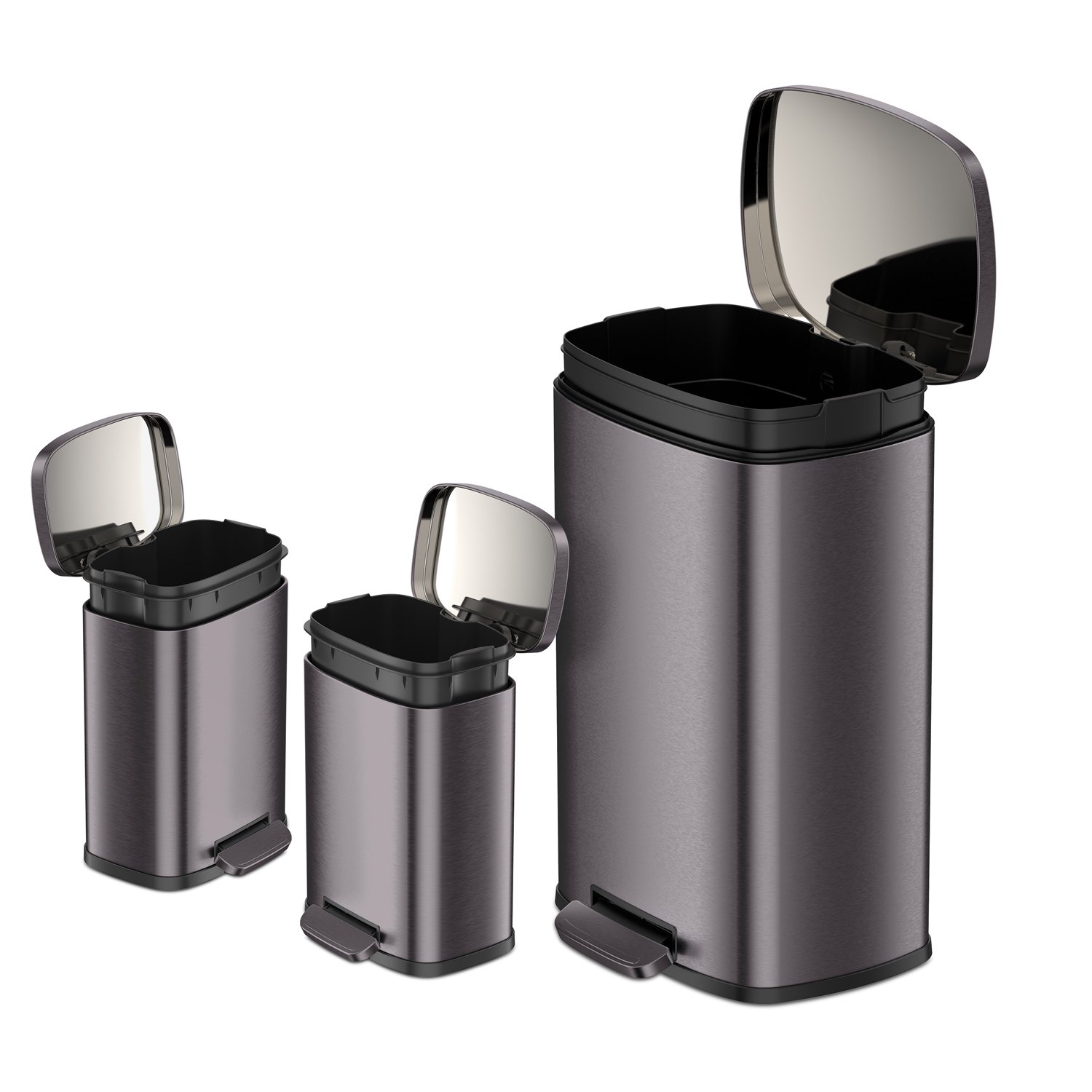 Qualiazero 13.2 gal Rectangular Step Trash Can. Plus Two 1.3 gal Trash Cans. Black Stainless Steel