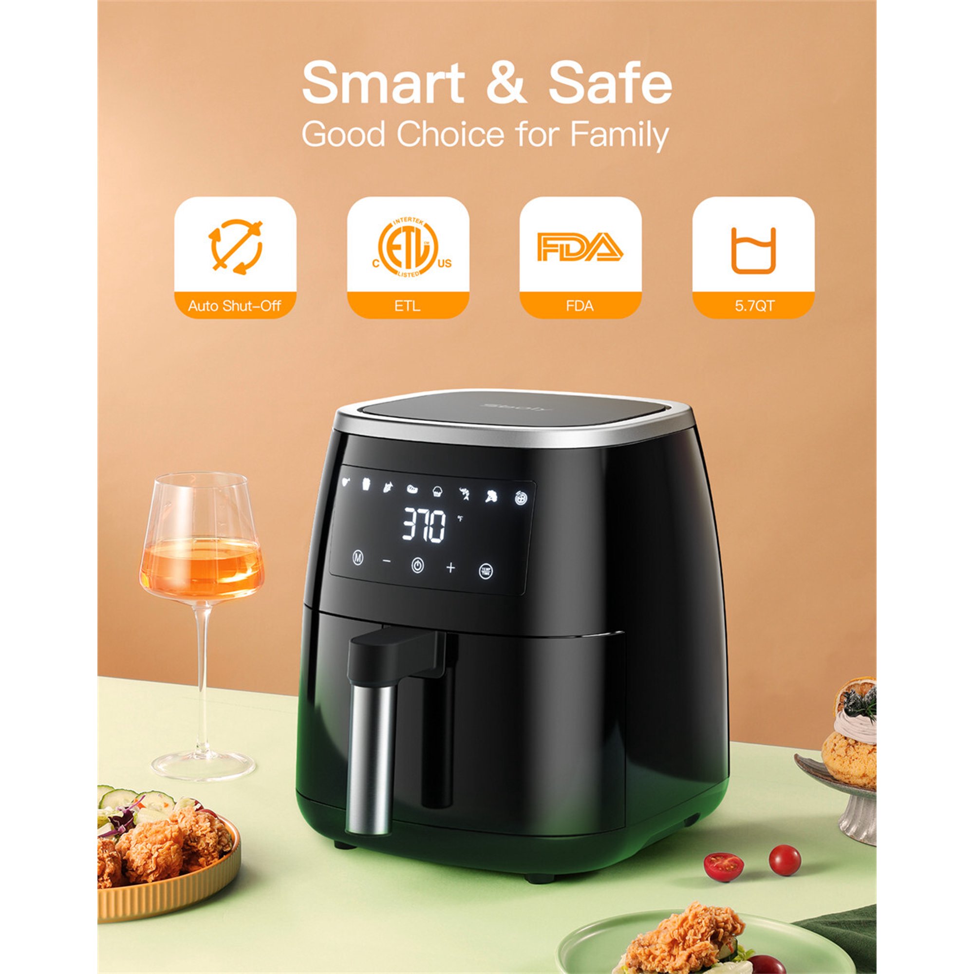 Sboly 8-in-1 Air Fryer. 6 Qt Air Fryer with Touch-Screen Panel and Temperature Control. Includes Non-Stick Grill and Frying Basket