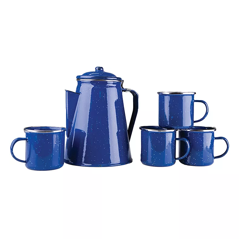 Stansport Enamel 8-Cup Coffee Percolator & Mug Set. Blue