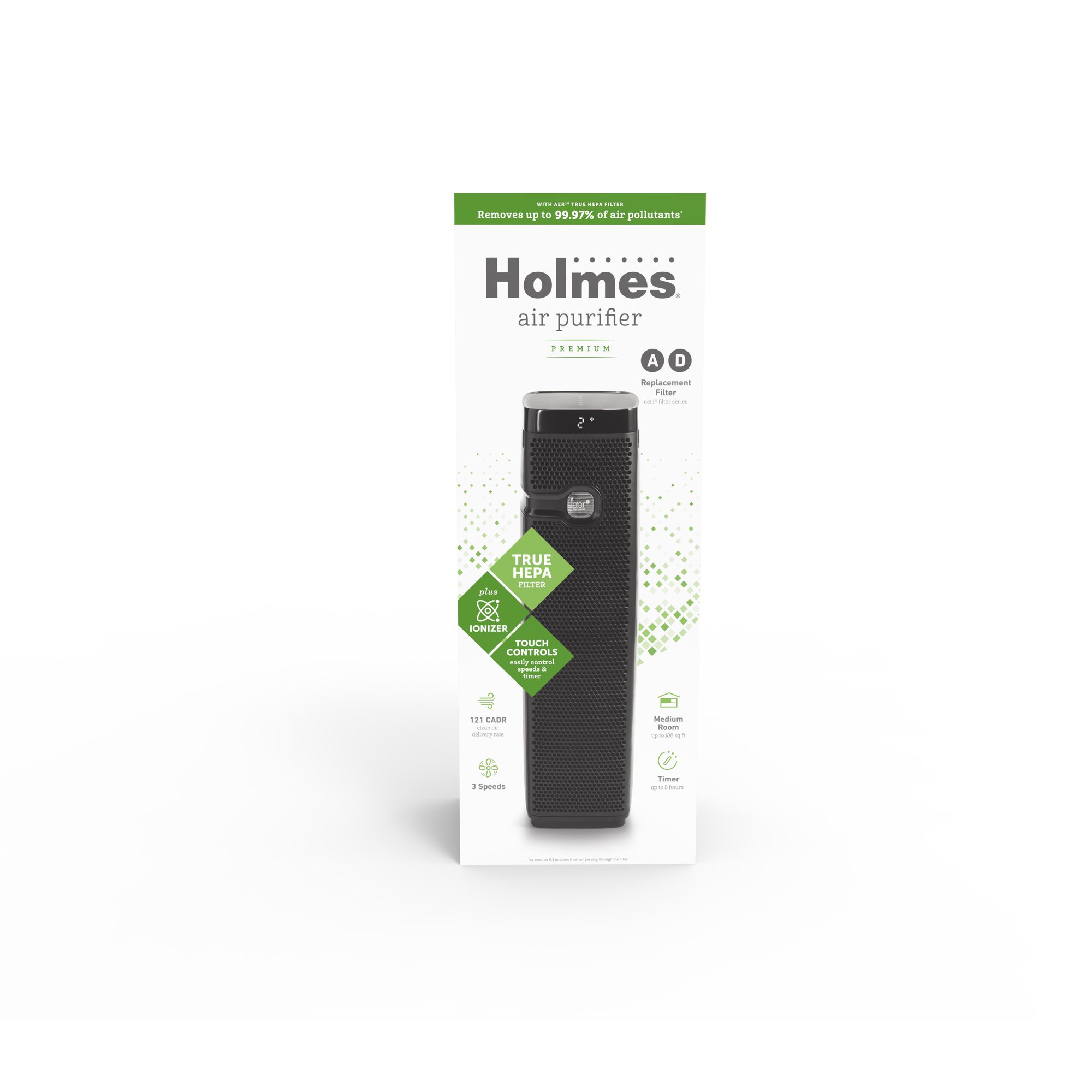 Holmes Aer1 True Hepa Air Purifier Tower with Timer and Filter Reminder Light. Medium Room (HAP9435B)