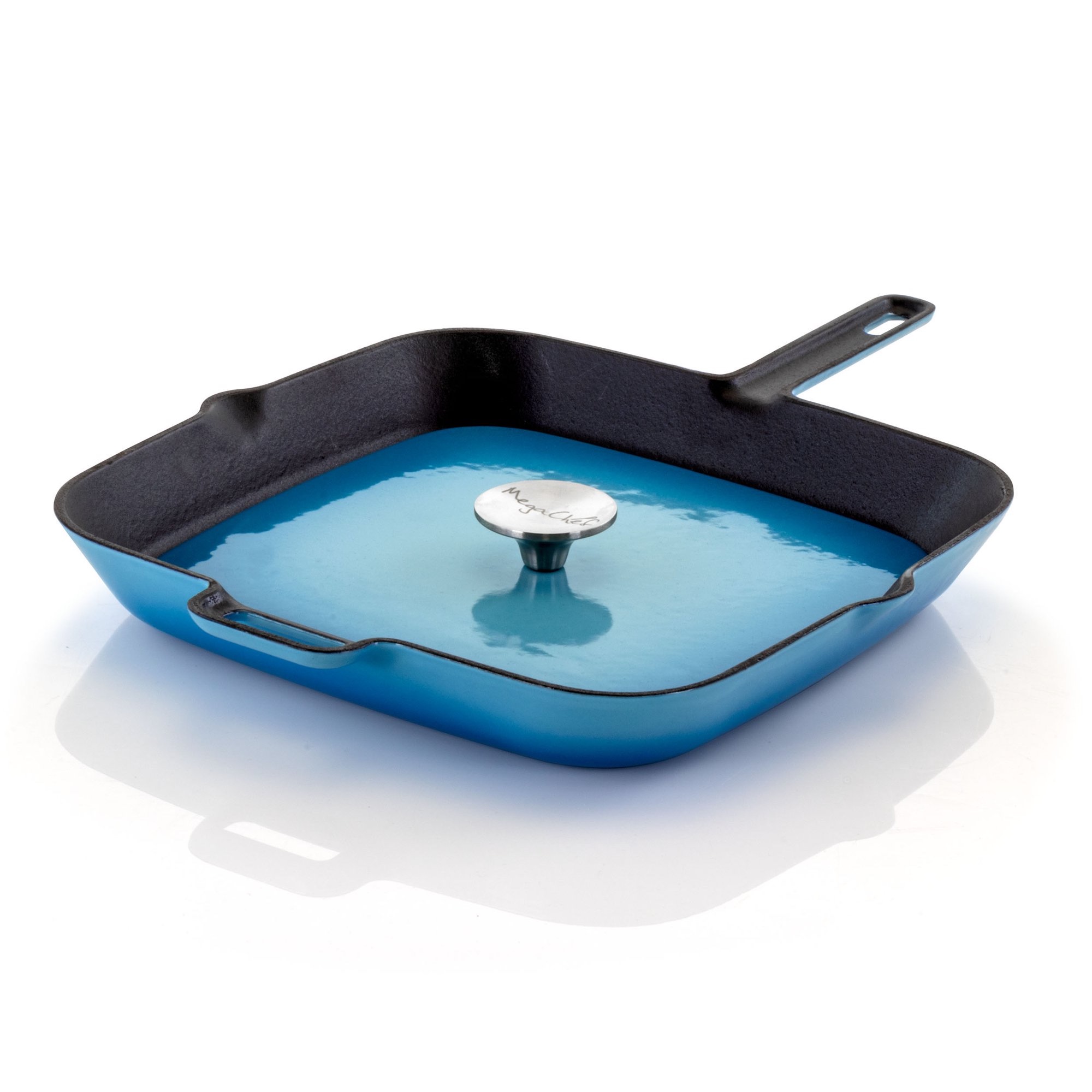 MegaChef 11-Inch Square Enamel Cast Iron Grill Pan in Blue with Press