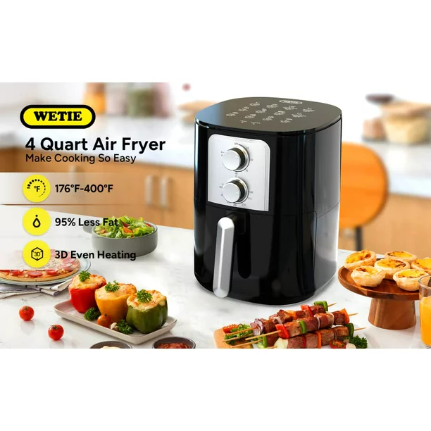 Wetie Air Fryer. 4QT 1400W Air Fryer. 5-in-I. 176 F to 400oF. Overheat Protection. Easy Cleaning