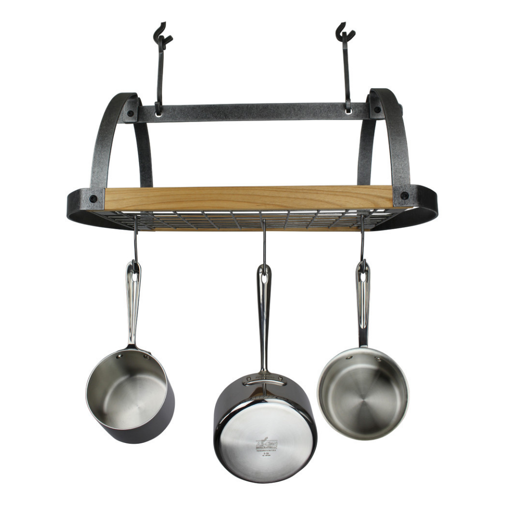 Enclume Handcrafted Decor Oval Ceiling Hanging Pot Rack. Hammered Steel/Alder Wood