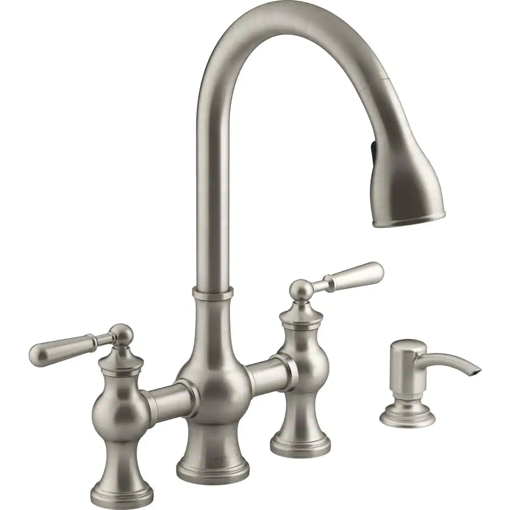 Kohler Capilano 2-Handle Bridge Farmhouse Pull-Down Kitchen Faucet With Soap Dispenser. Vibrant Stainless