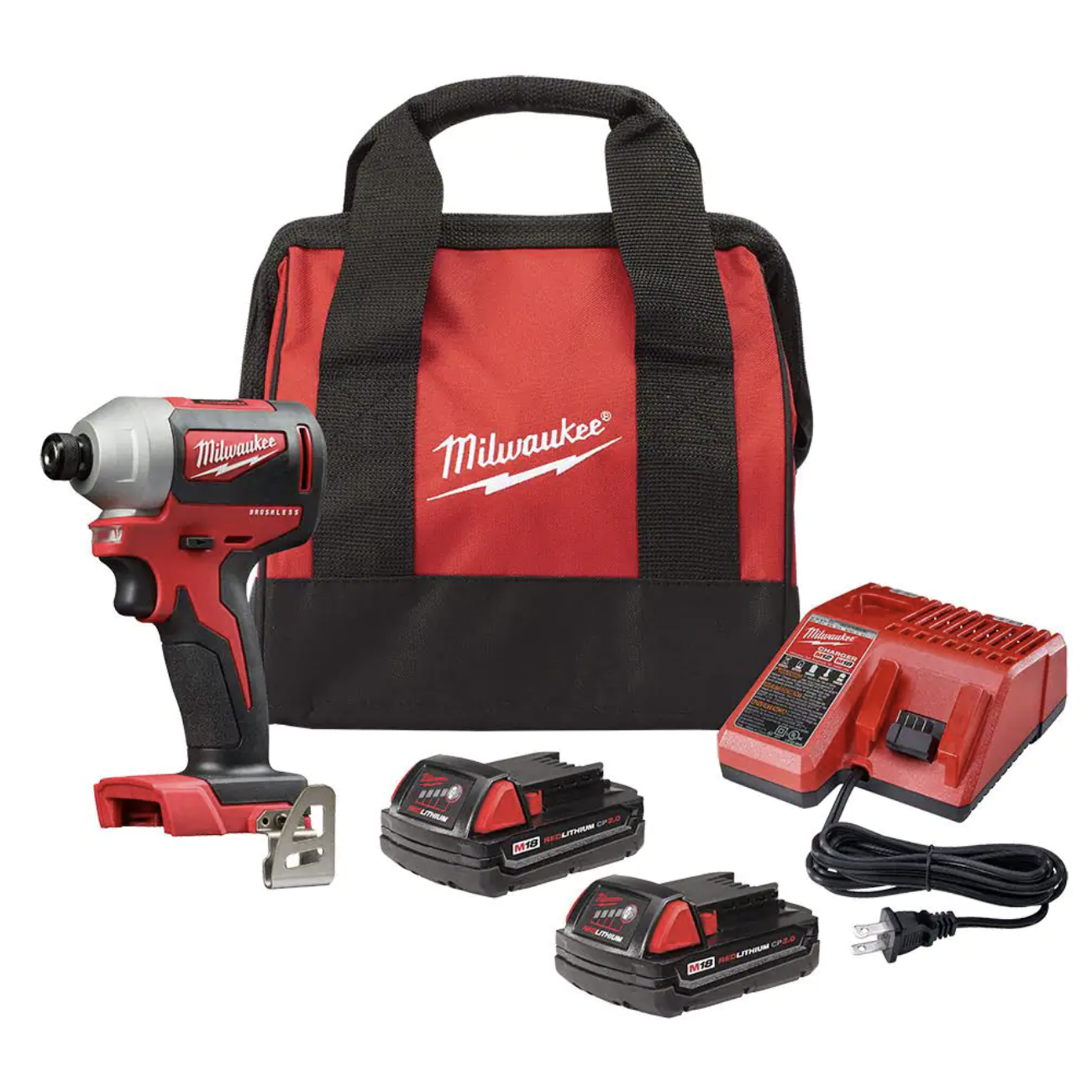 Milwaukee M18 18V Lithium-Ion Brushless Cordless 1/4 in. Impact Driver Kit with Two 2.0 Ah Batteries. Charger and Hard Case