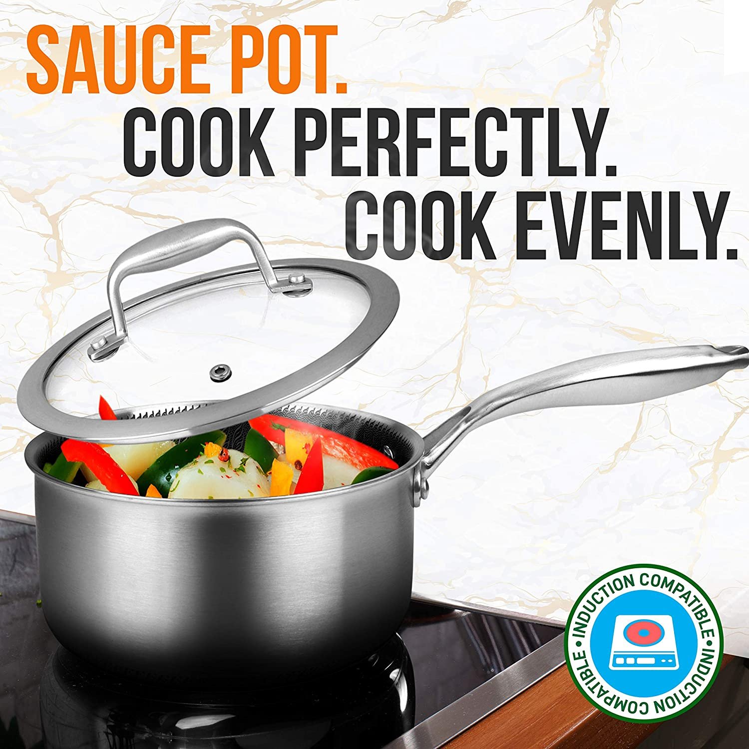 NutriChef 2 Qt Triply Stainless Steel Sauce Pot with Glass Lid. DAKIN Etching Non-Stick Coating