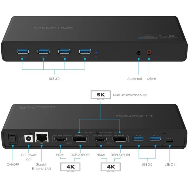 Lention 5K USB C&USB A Docking Station With Dual HDMI & Display Port