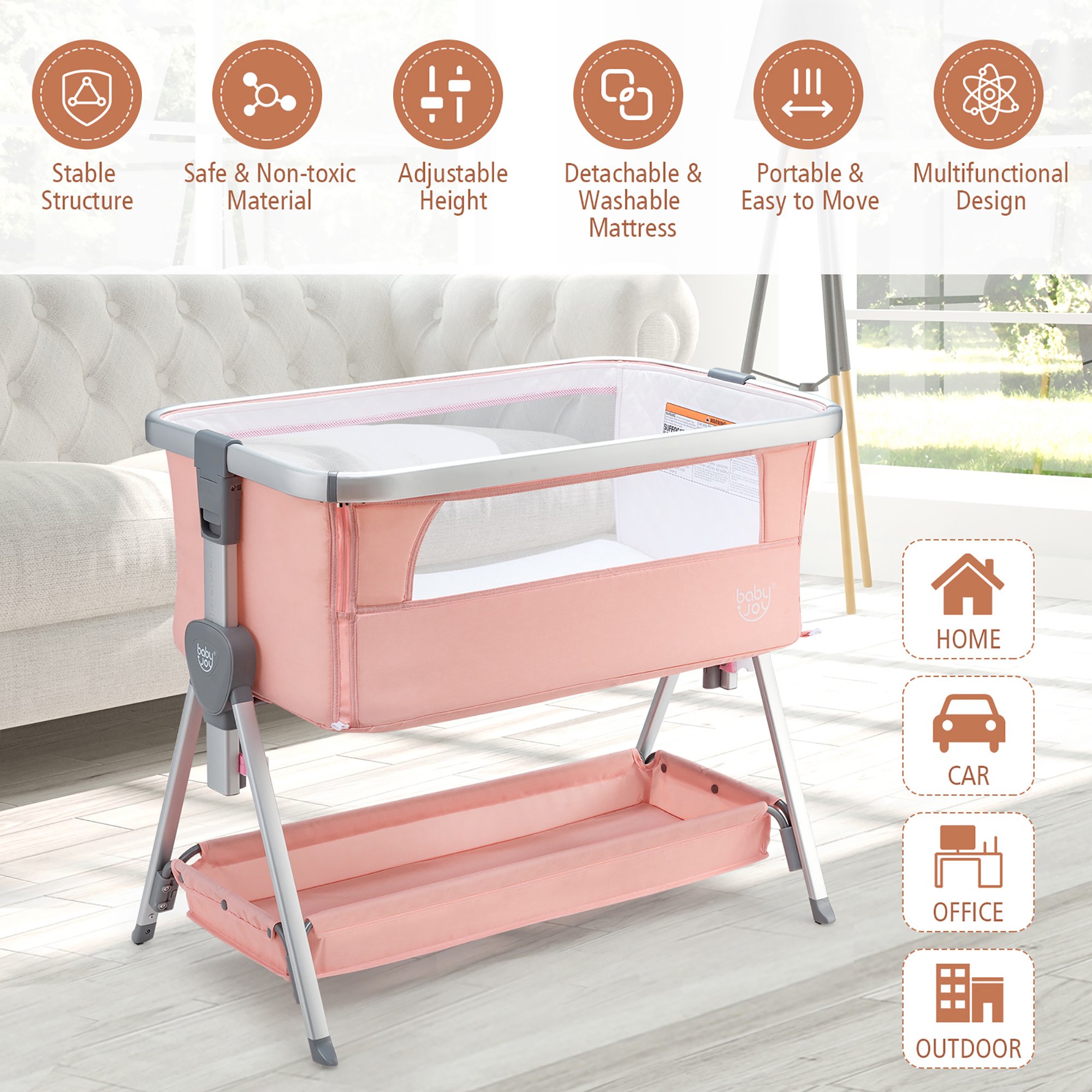 Costway Babyjoy Baby Bed Side Crib. Portable Adjustable Infant Travel Sleeper Bassinet. Peach