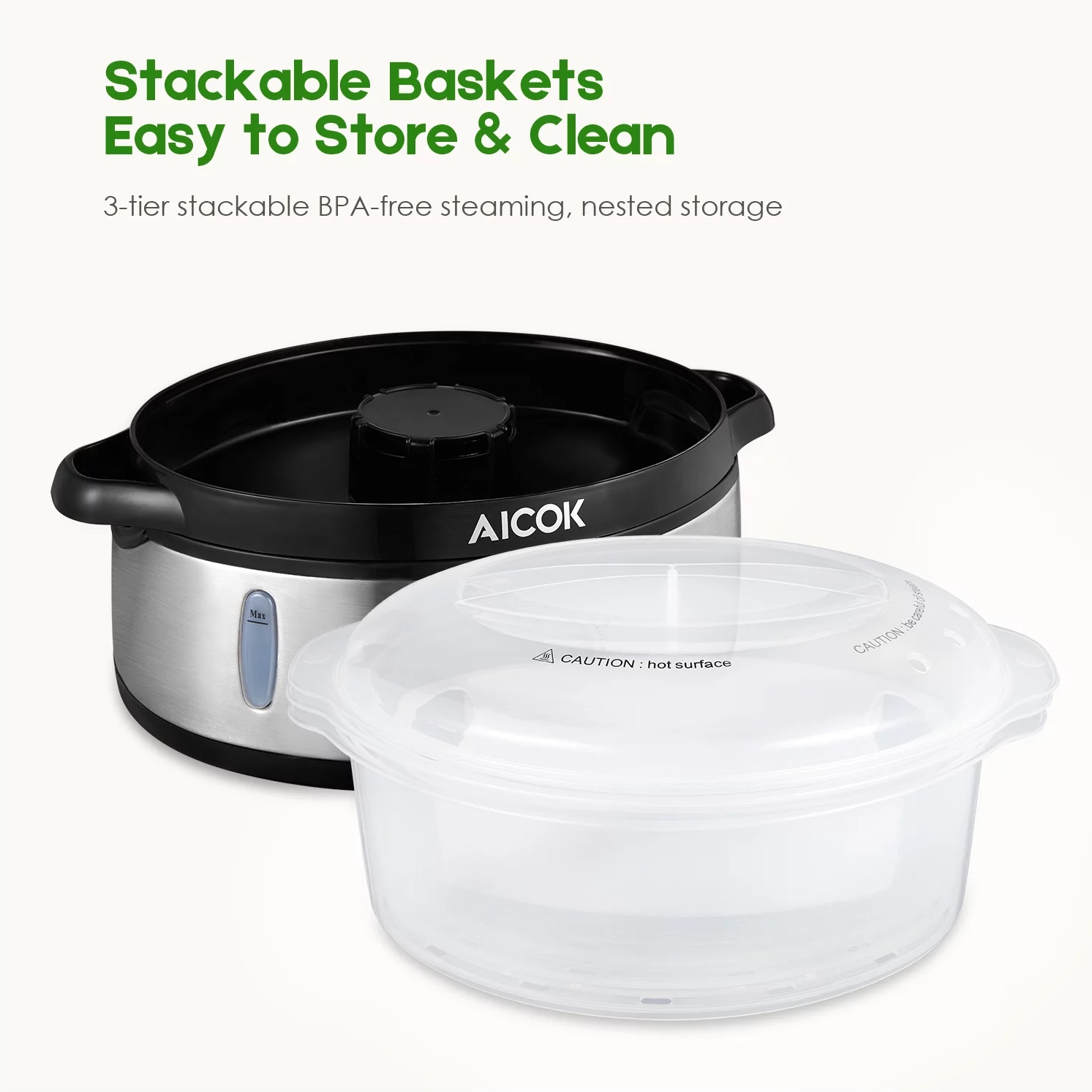 Aicok 3-Tier 9.5 Qt Electric Cooking Steamer. 800W Fast Cooking. White