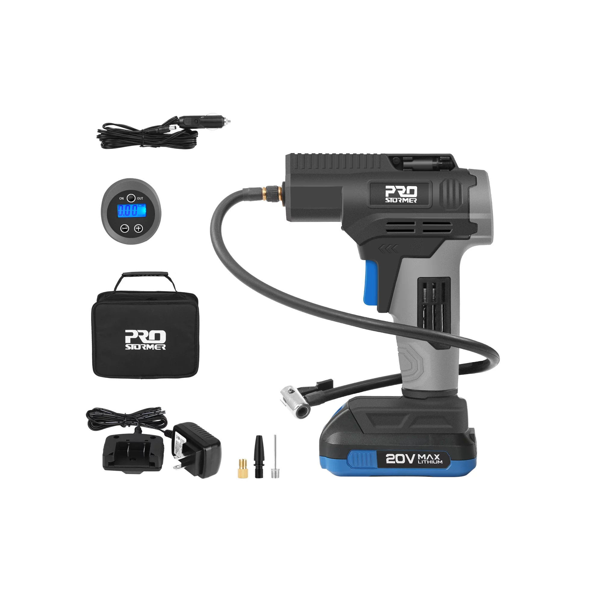 Prostormer Cordless Tire Inflator Air Pump. 20V Rechargeable Air Compressor with Digital Pressure Gauge