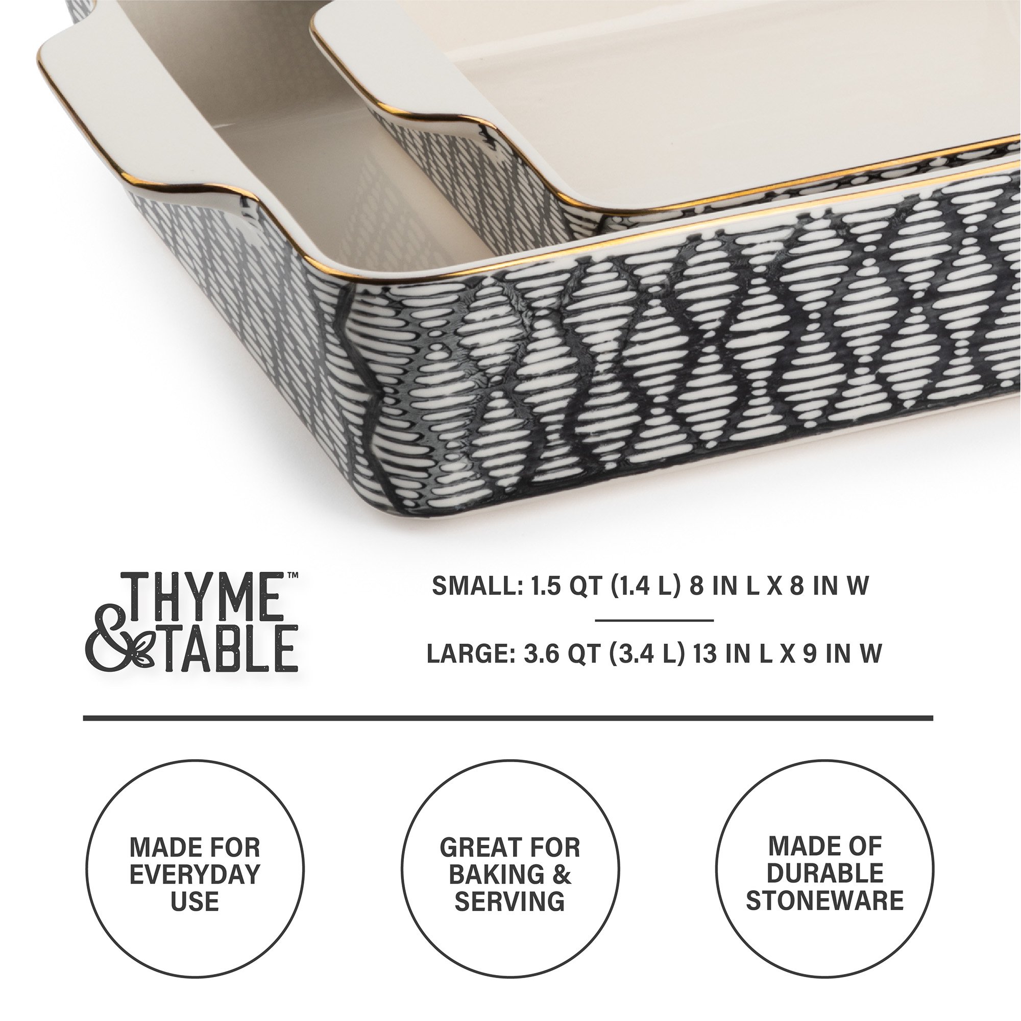 Thyme & Table 2-Piece Set Stoneware Square & Rectangular Baker. Black & White Geo