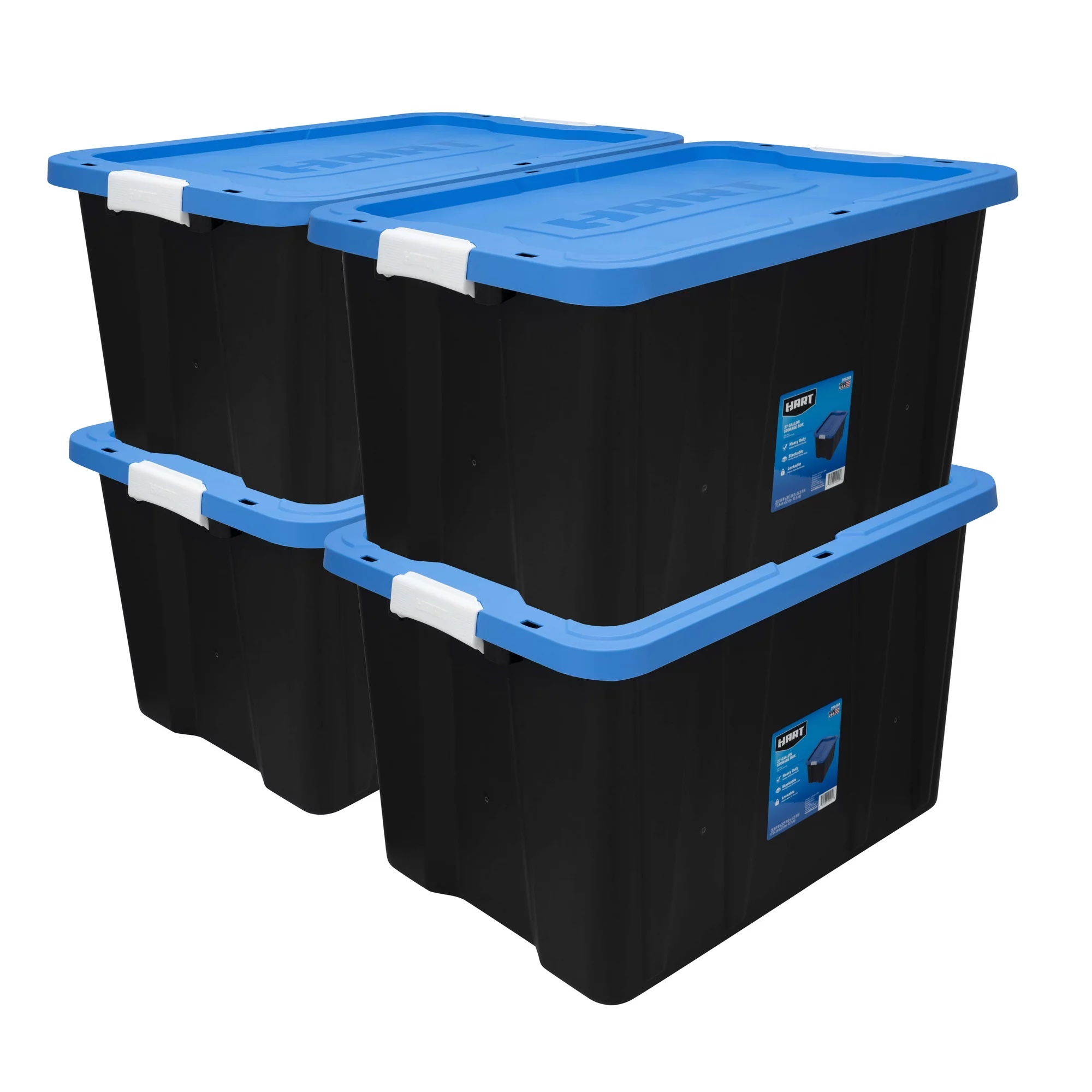 Hart 27 Gallon Heavy Duty Latching Plastic Storage Bin. Black Base/Blue Lid. Set of 4