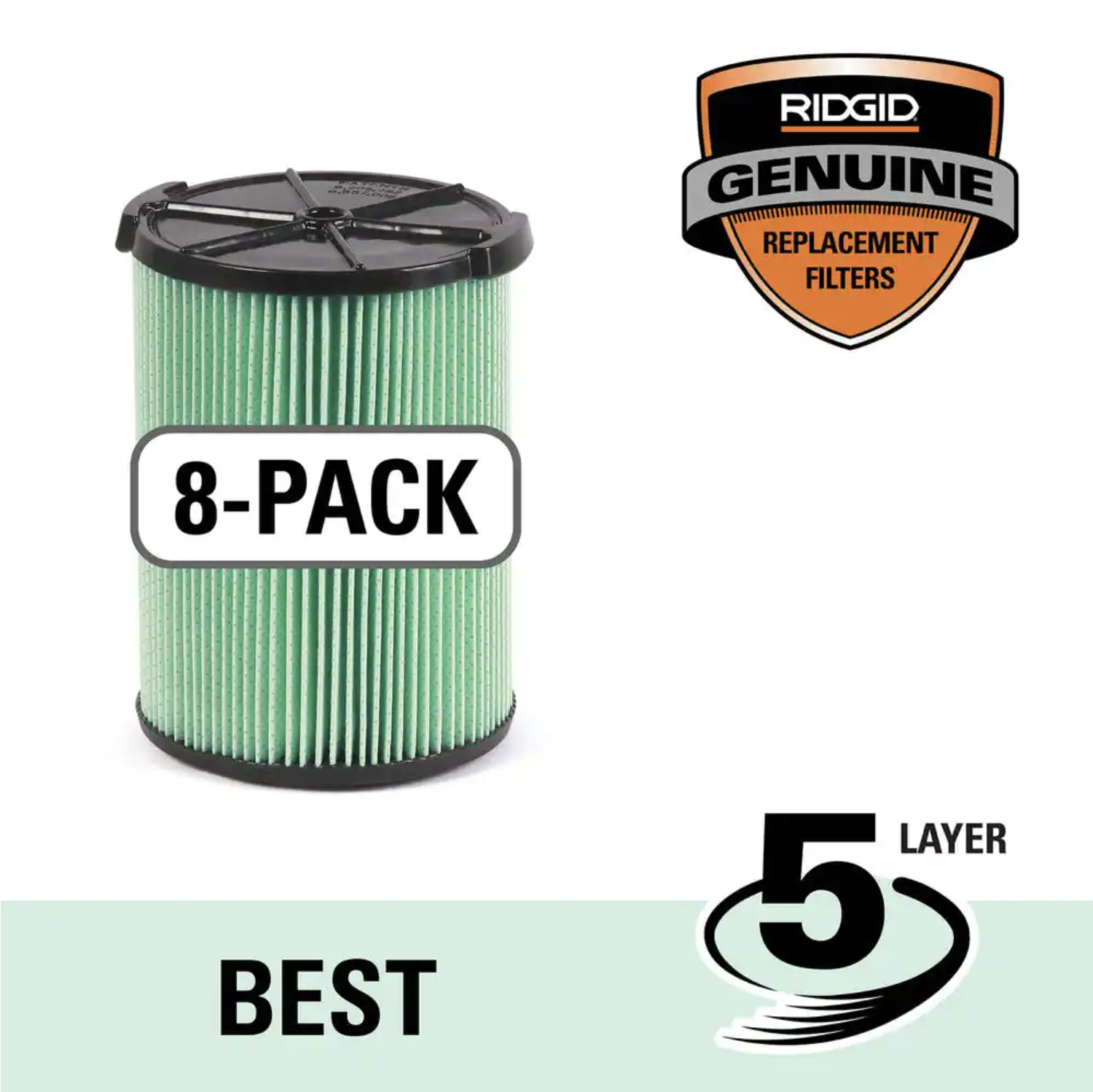 Ridgid 5-Layer HEPA Material Pleated Paper Filter for Most 5 Gal. and Larger Wet/Dry Shop Vacuums. 8-Pack