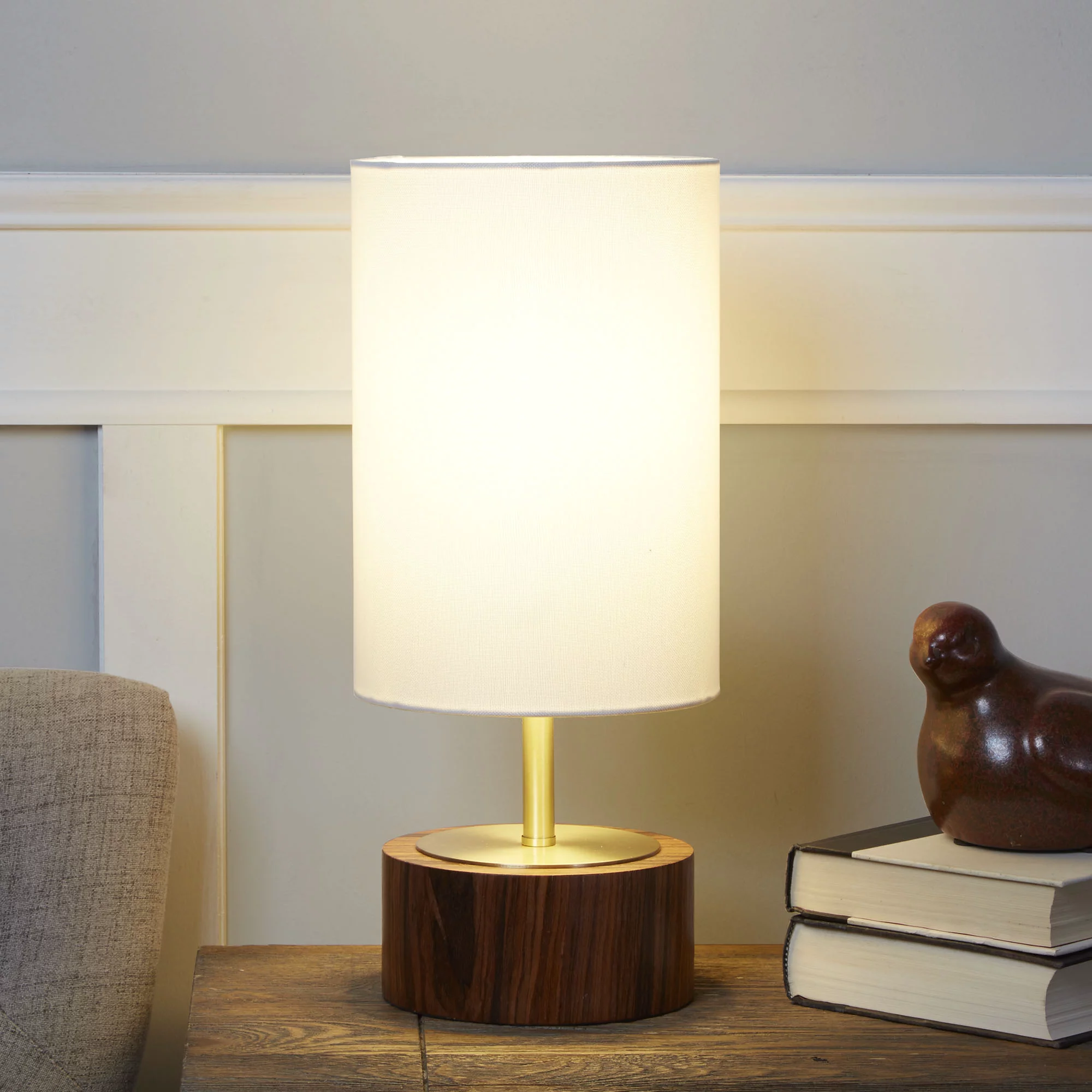 Better Homes & Gardens Woodgrain Touch Table Lamp. Walnut Color Base and Brushed Brass Finish