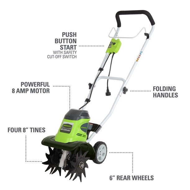 Greenworks 10″ 8 Amp Front-Tine Standard Rotating Corded Electric Walk Behind Tiller