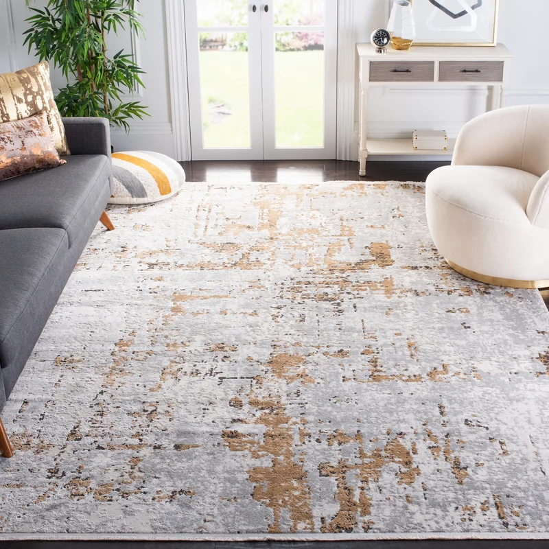 Williston Forge Broadway Machine Woven / Power Loomed Gray / Gold Rug. Rectangle 10′ x 14′