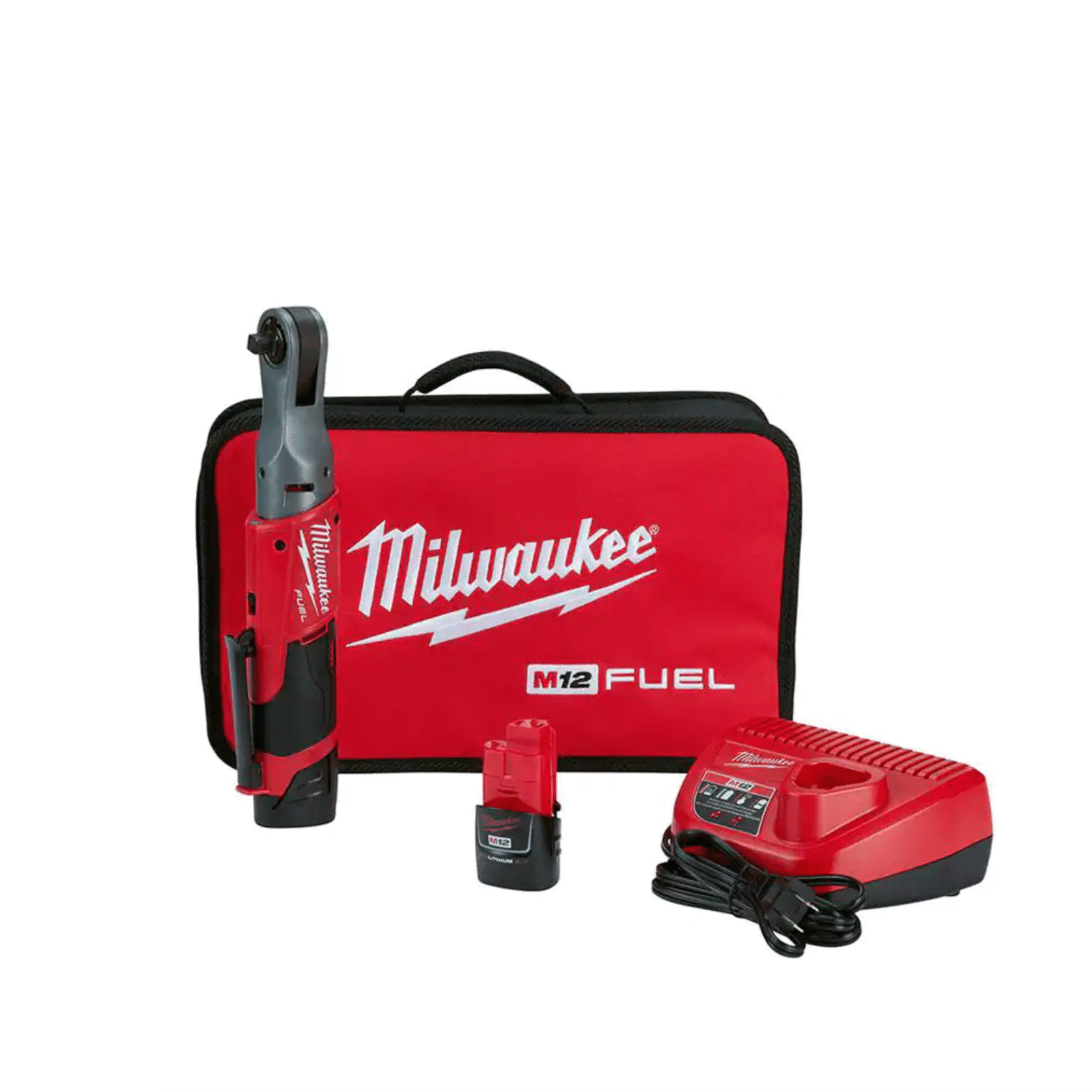 Milwaukee M12 Fuel 12-Volt Lithium-Ion Brushless Cordless 3/8 in. Ratchet Kit with (2) 2.0Ah Batteries. Charger & Tool Bag (2557-22)