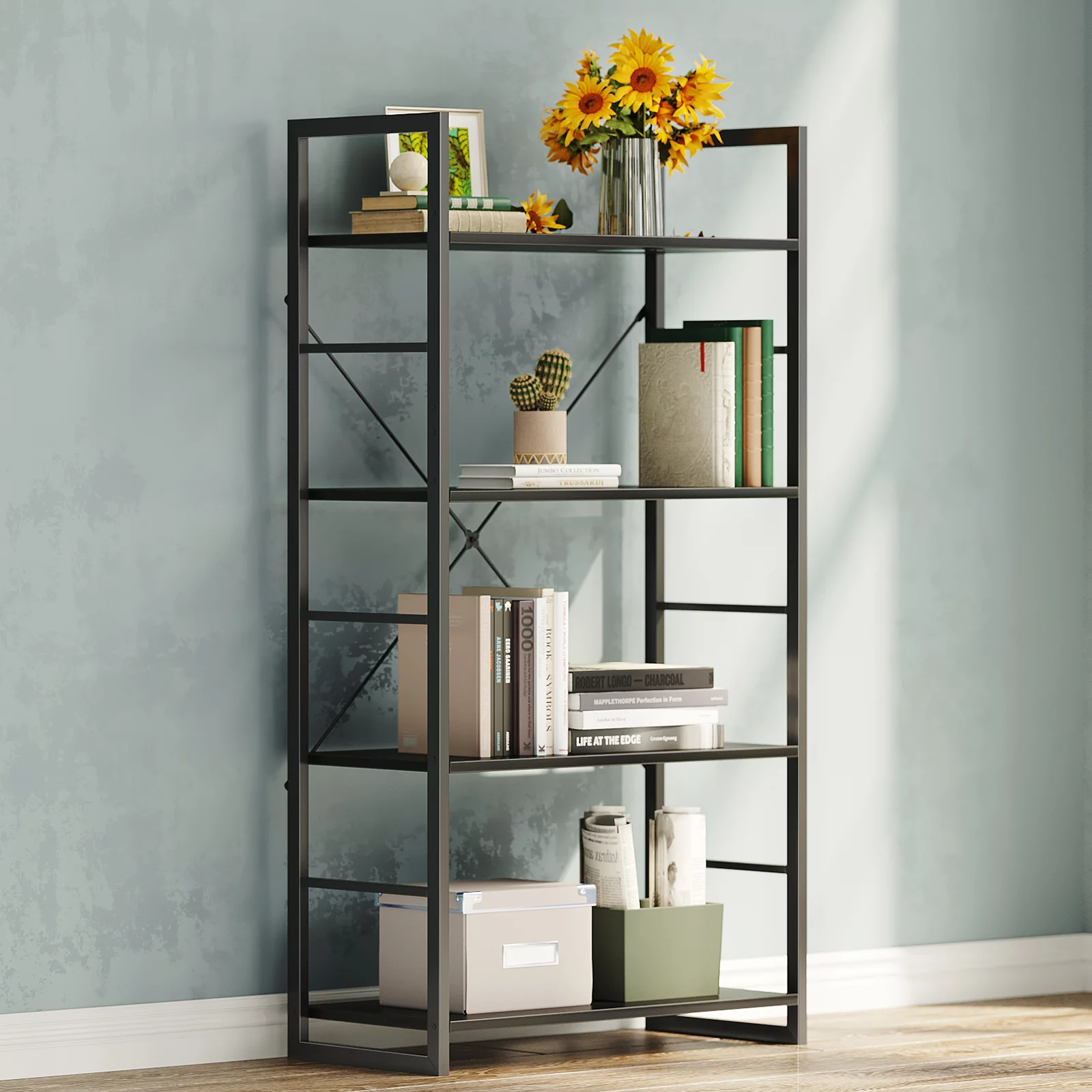 ODK 4-Shelf Ladder Bookshelf. Industrial Bookshelf. Metal frame and Wood Shelves Storage Furniture for Home Office. Black